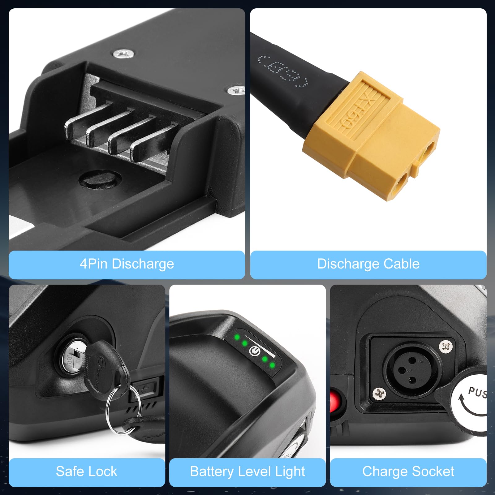 48V 13AH Batteria per Bicicletta Elettrica con Caricatore, Hailong Batteria Agli Ioni di Litioper Bici Elettrica Sul Tubo Obliquo, con Piastra di Base a 4 Pin