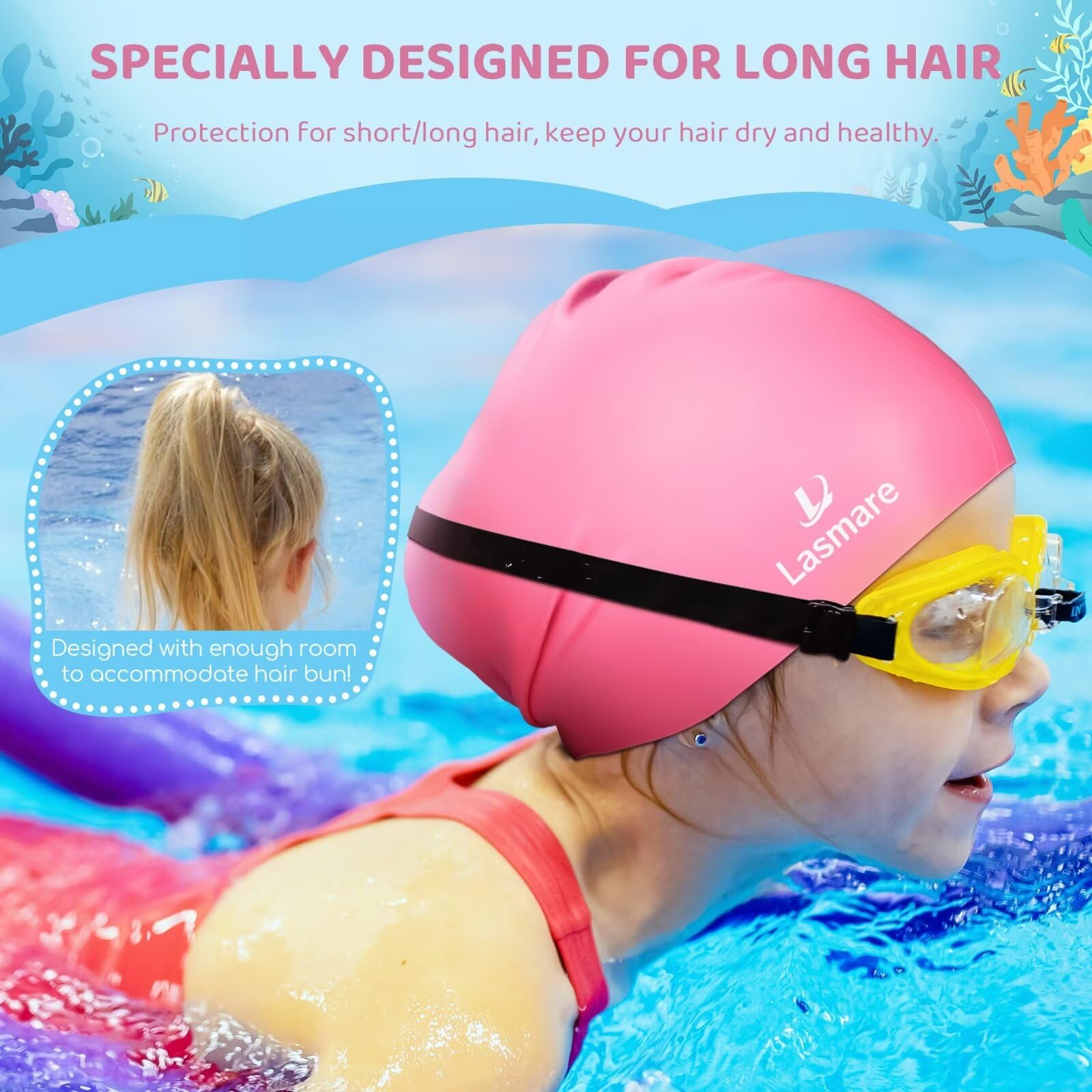Cuffia Da Nuoto In Silicone Per Bambini Con Capelli Lunghi 3-15 Anni - Set Con Tappi Orecchie E Clip Naso (Rosa, 8-15 Anni)