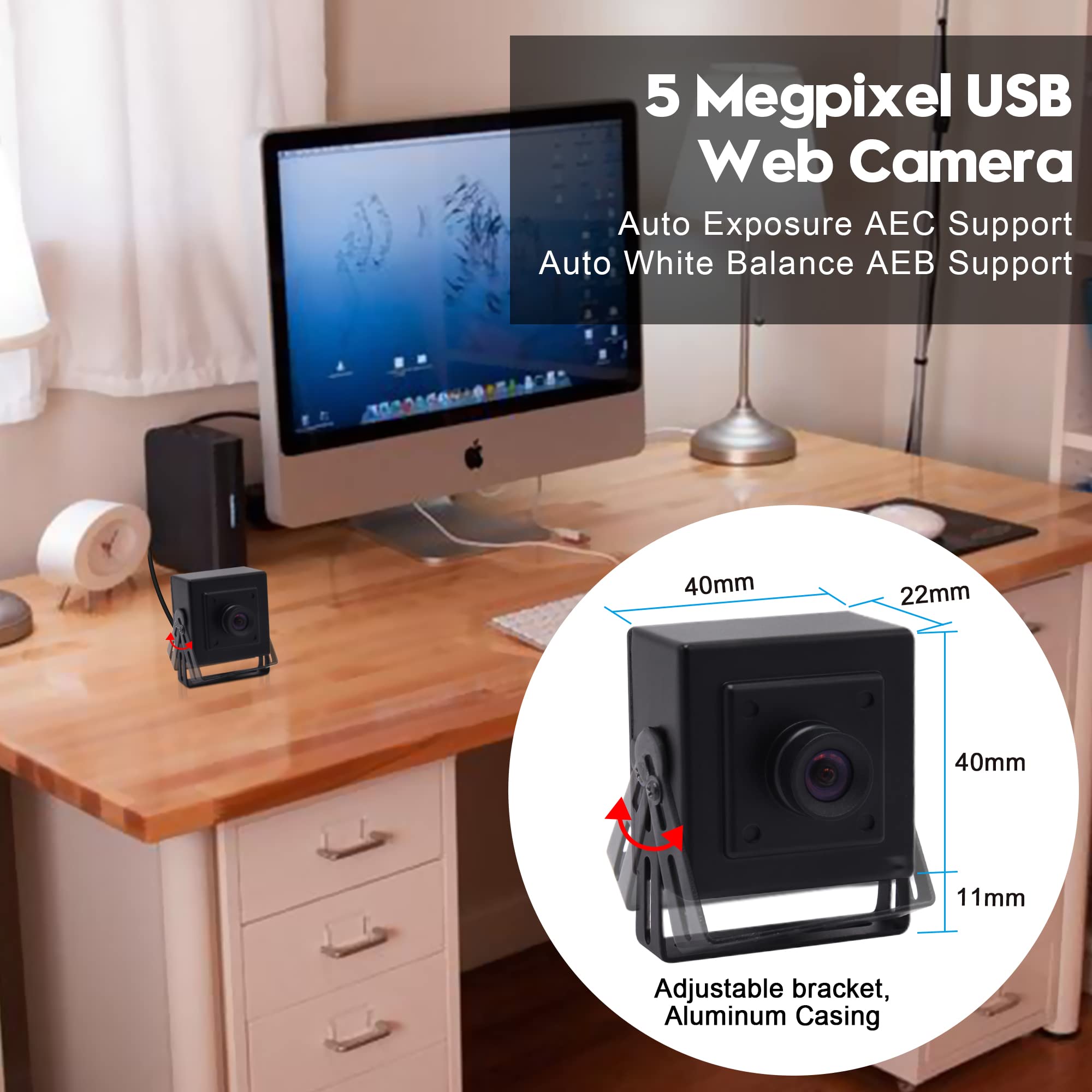 Svpro Aptina MI5100 CMOS - Cámara web (5 megapíxeles, HD, 2592 x 1944, con carcasa metálica, cámara web portátil USB, 100 grados, sin distorsión, UVC OTG)