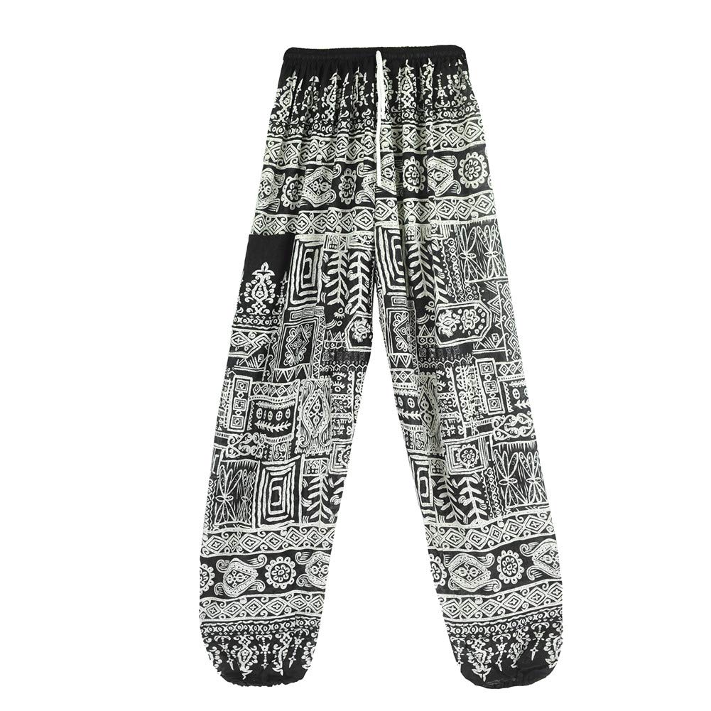 Fansu Women's Fish Bone With Black Bohemian Pants, Thai Floral Baggy Harem Pants Yoga Printed Hippy Smocked Waist Hippie Trousers For Pilates (One Size,)