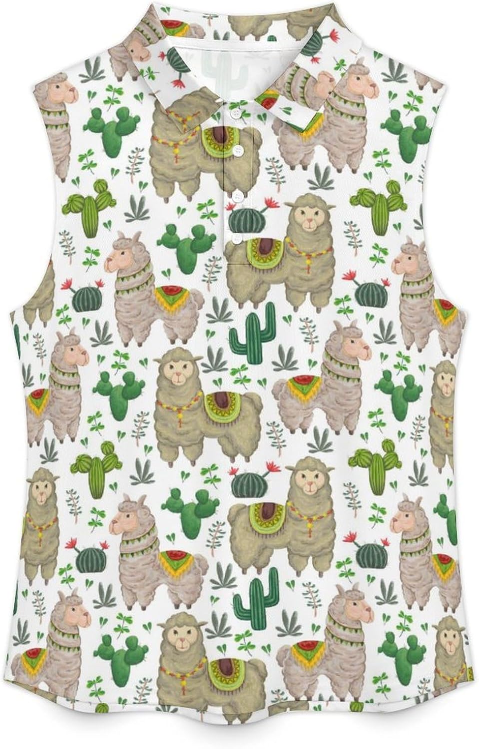 Boho Alpaca Cactus Pattern Women's Golf Shirt Sleeveless Polo Shirts Tank Tops Blouses Tennis T-Shirts Casual