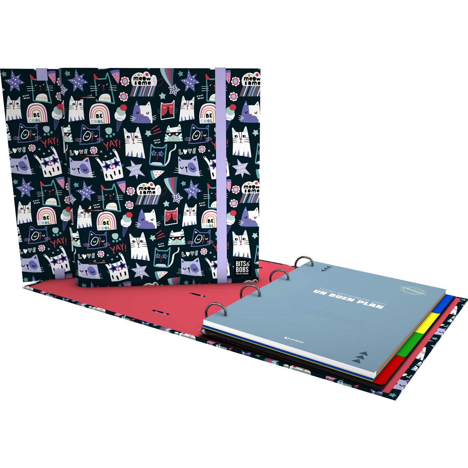 Grafoplas - Ring Binder A4, Carpebook Bits&Bobs Meow, Includes Refill + dividers + Planner + Stickers + Transparent Envelope, Perfect for schoolchildren