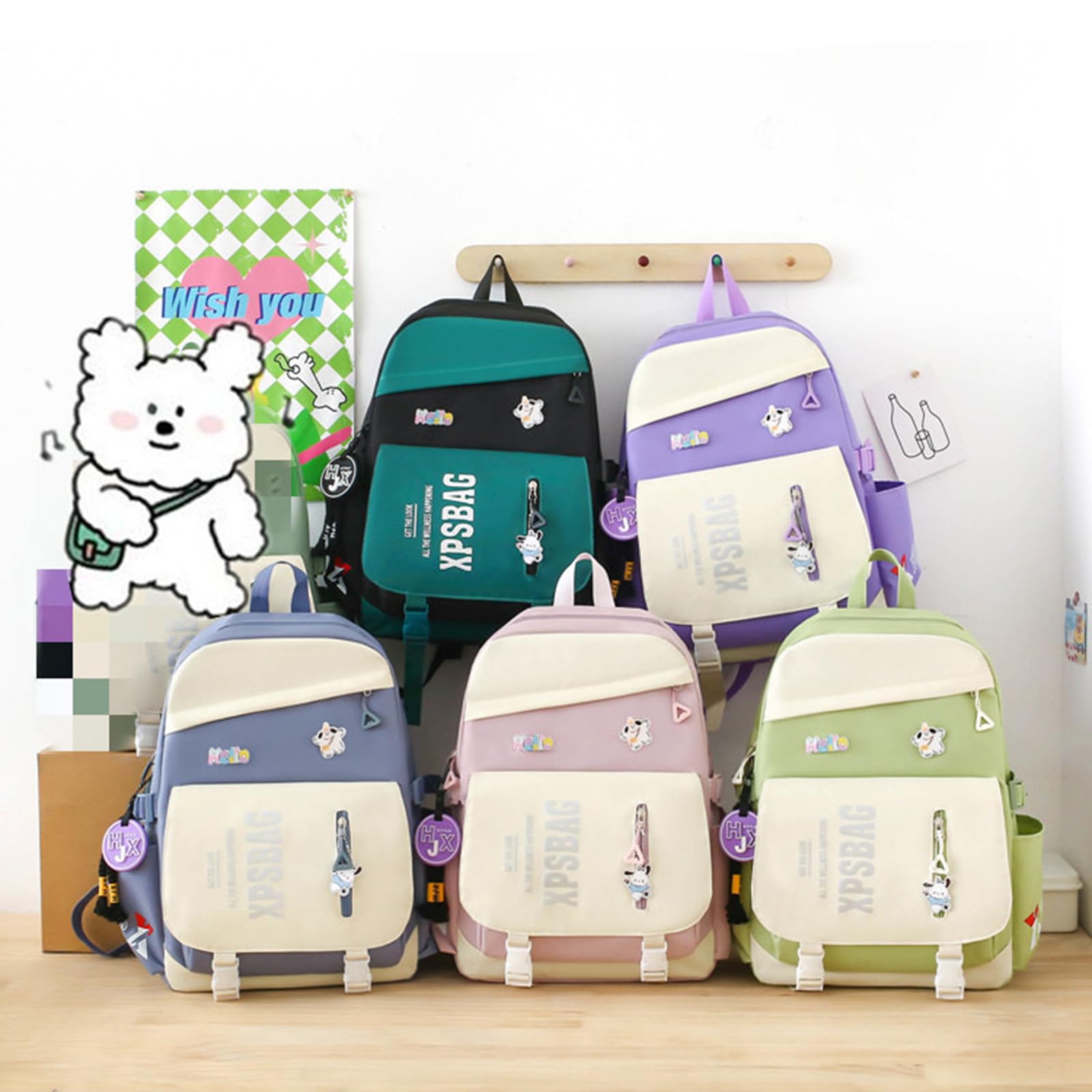Kawaii - Juego de 4 mochilas para niñas con bonitos accesorios de oso, mochila escolar, bolsa de hombro, bolso, bolsa para bolígrafos y más suministros de regreso a clases para estudiantes