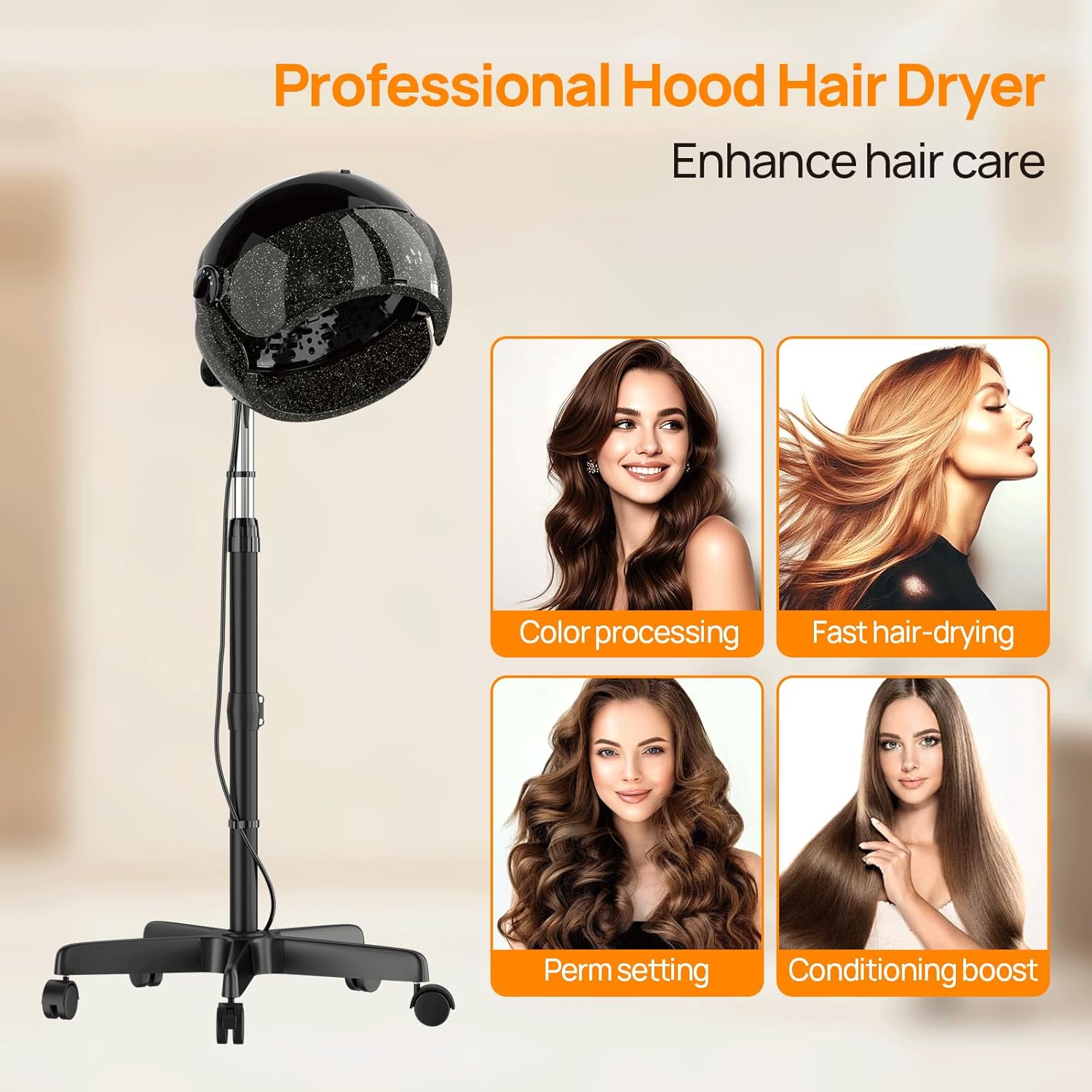 Kingsteam Ionic Hooded Hair Dryer, 1300W Standing Hair Dryer with Gentle Even Heat, 3 Heat & Timer Settings, for Deep Conditioning, Curl Styling & Hands-Free Drying, Rolling Stand for Home Use - Image 4