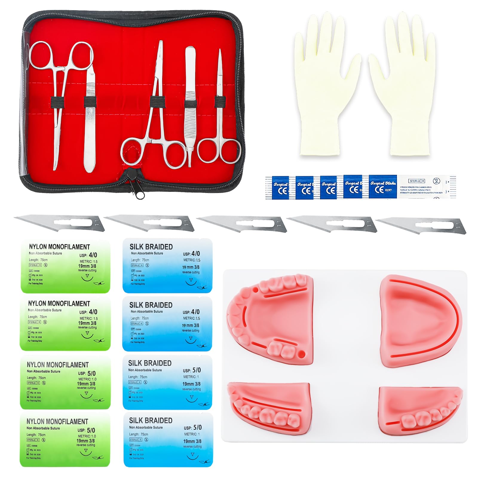 Dental Suture Practice Kit - Dental Suture Training Kit for Gum Cutting & Gingival Suturing, Oral Suture Practice Kit for Dental Students Dentist, 4 Silicone Dental Suture Pads Modules with 8 Sutures