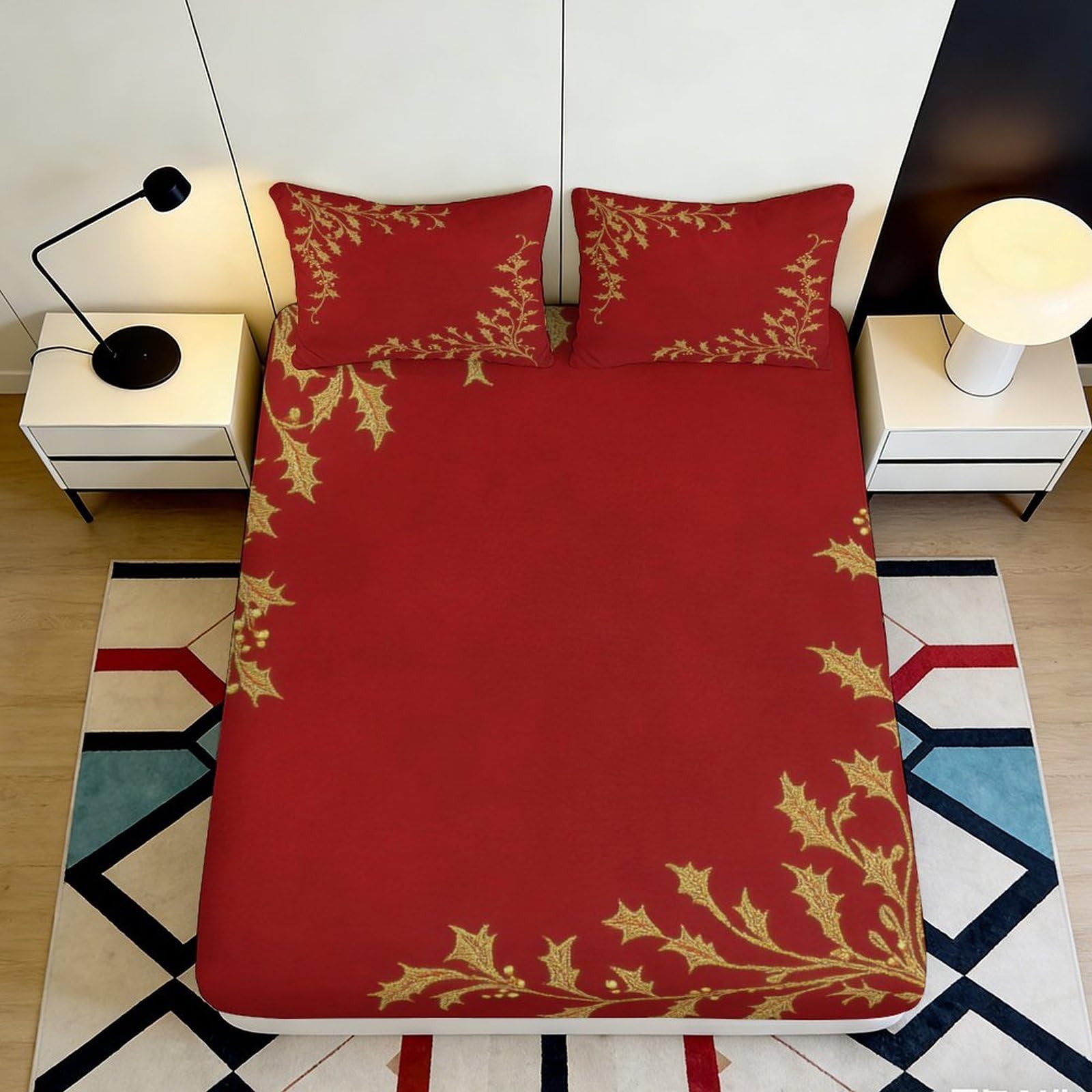 3D Printed Red Holly Leaves Fitted Sheet Microfiber Soft Bed Cover Gold Festive Pattern for Bedroom Dorm Use 180x200x25cm