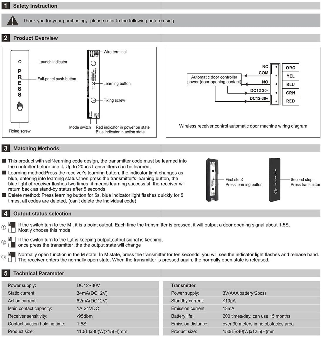 UHPPOTE automatyczne drzwi bezprzewodowy kontroler odbioru i przełącznik ciśnienia ręczny