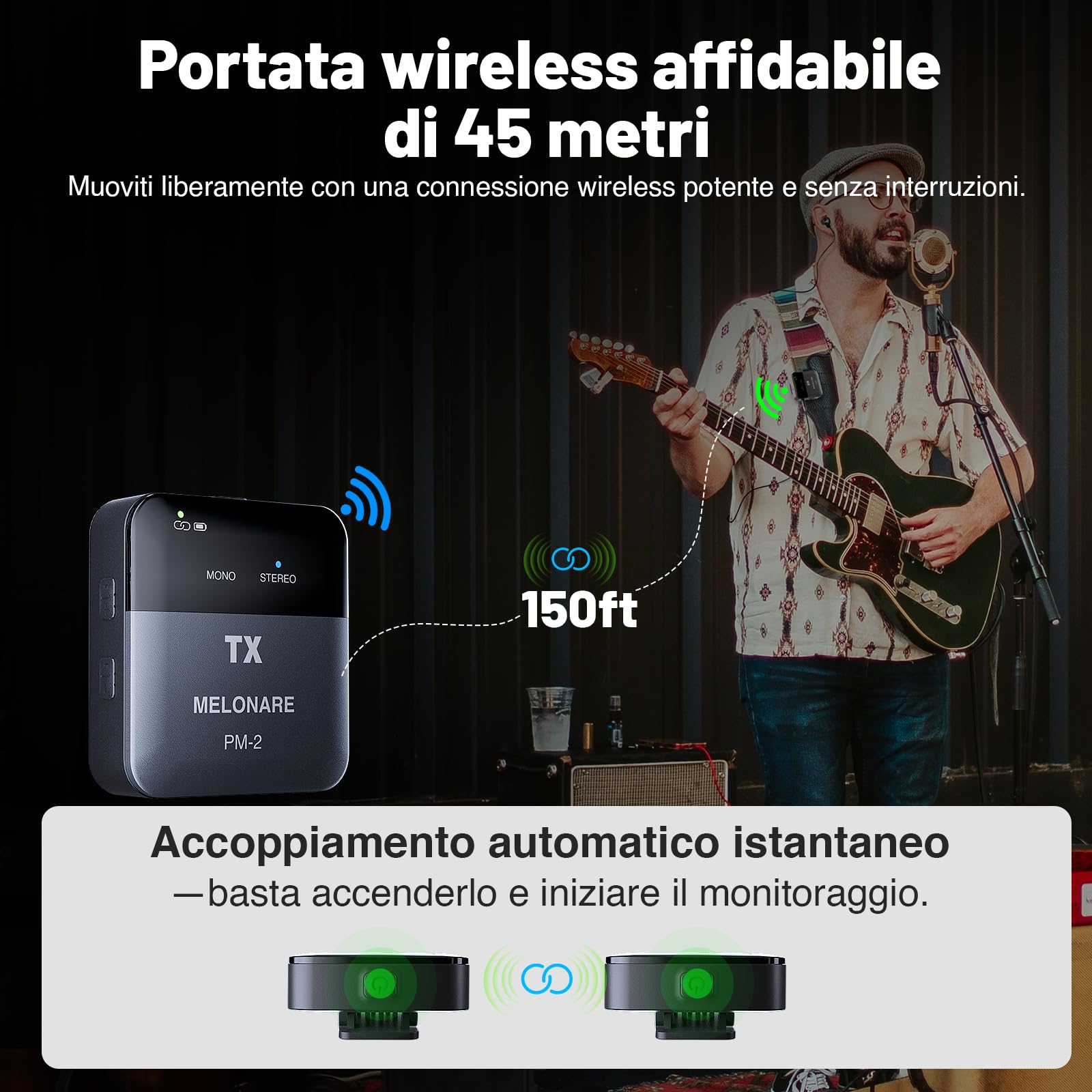 MELONARE PM-2 Sistema di Monitoraggio In-Ear Portatile Senza Fili con Custodia di Ricarica, Trasmettitore e Ricevitore Audio Senza Fili, Audio 24bit/48kHz, Ingresso OTG, Interruttore Mono/Stereo, IEM