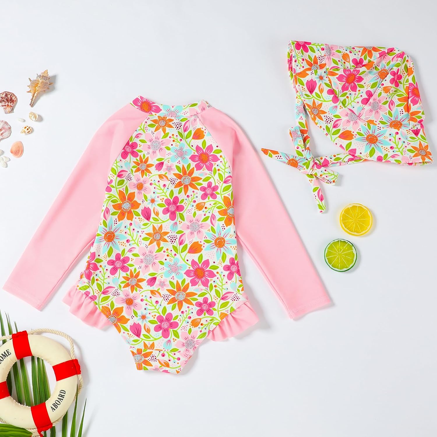 Baby Girl Swimsuit One Piece Girls Rash Guard Bathing Suit Toddler Long Sleeve Zippered Swimwear with Hat