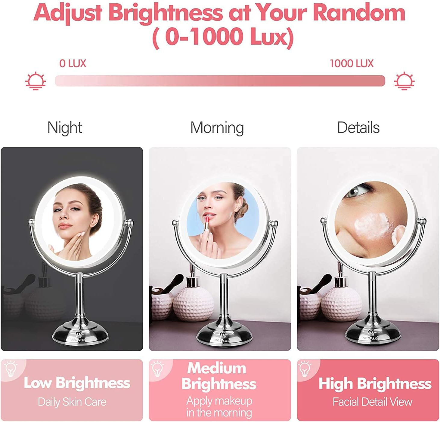 Best Seller VESAUR Professional 10 [Large Tall Size] Lighted Makeup Mirror, 2-Sided Magnifying Vanity Mirror with 48 LED Lights, Senior Satin Nickel Cosmetic Mirror, Brightness Adjustable (0-1100Lux)