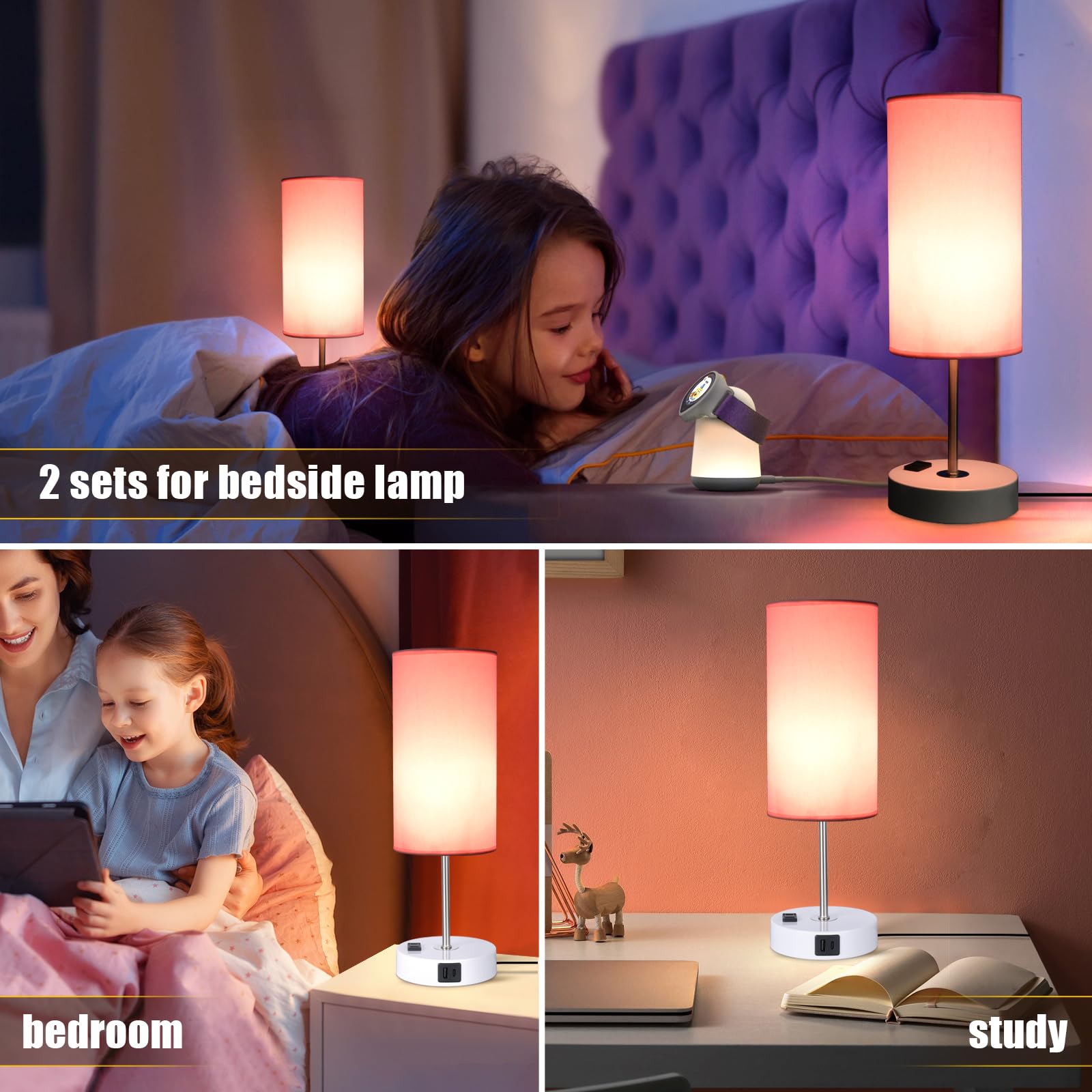 Tischlampe mit USB-Anschluss, Schreibtischlampe, Touch-Lampe, Nachttischlampen für Schlafzimmer, 3-Fach Dimmbar Kleine Lampen für Rosa und Weiß