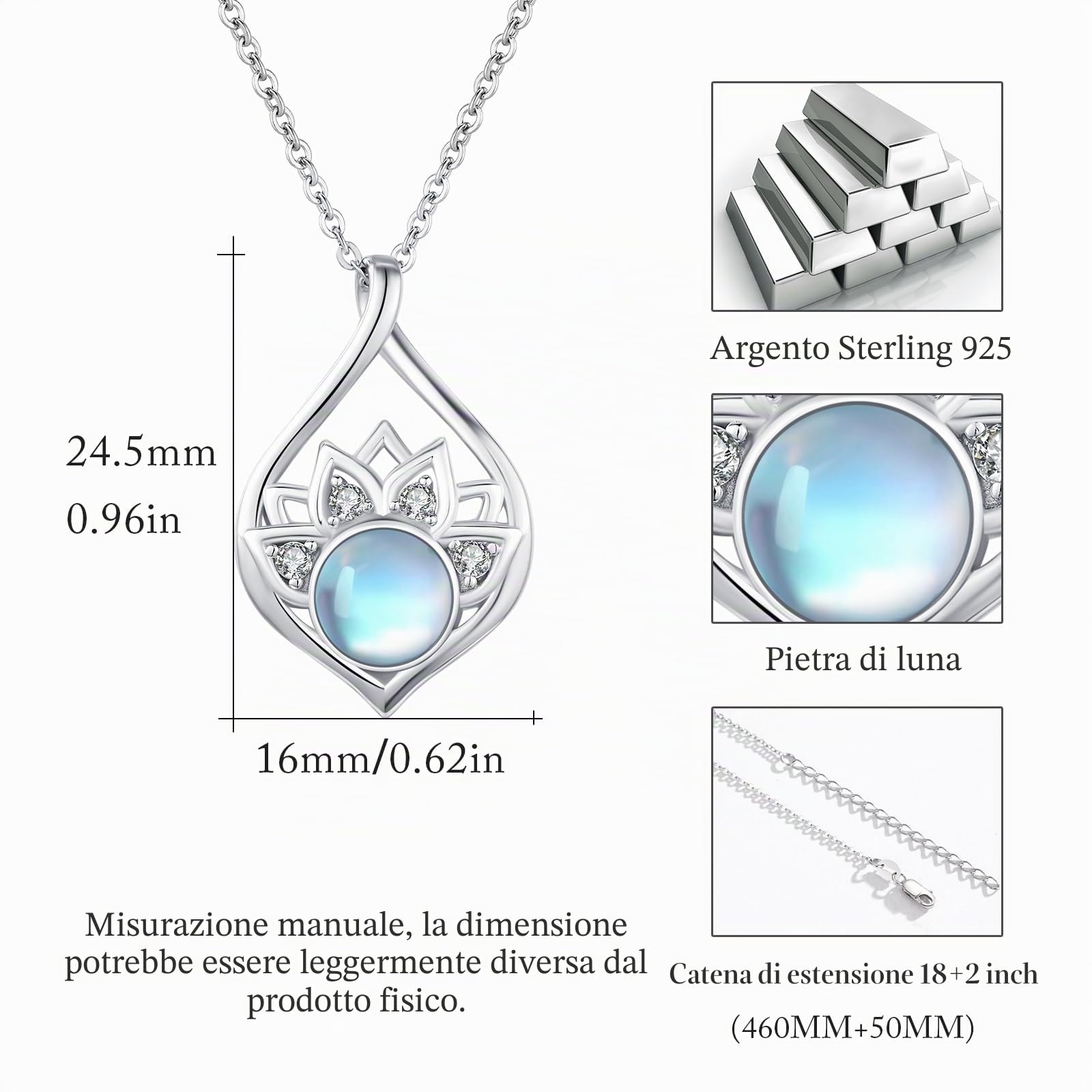 OHAYOO Lotus - Collana da donna in argento Sterling 925 con pietra di luna, occhi di gatto, acquamarina, turchese, opale, ghiaia di abalone, collana da yoga, idea regalo per donne e ragazze