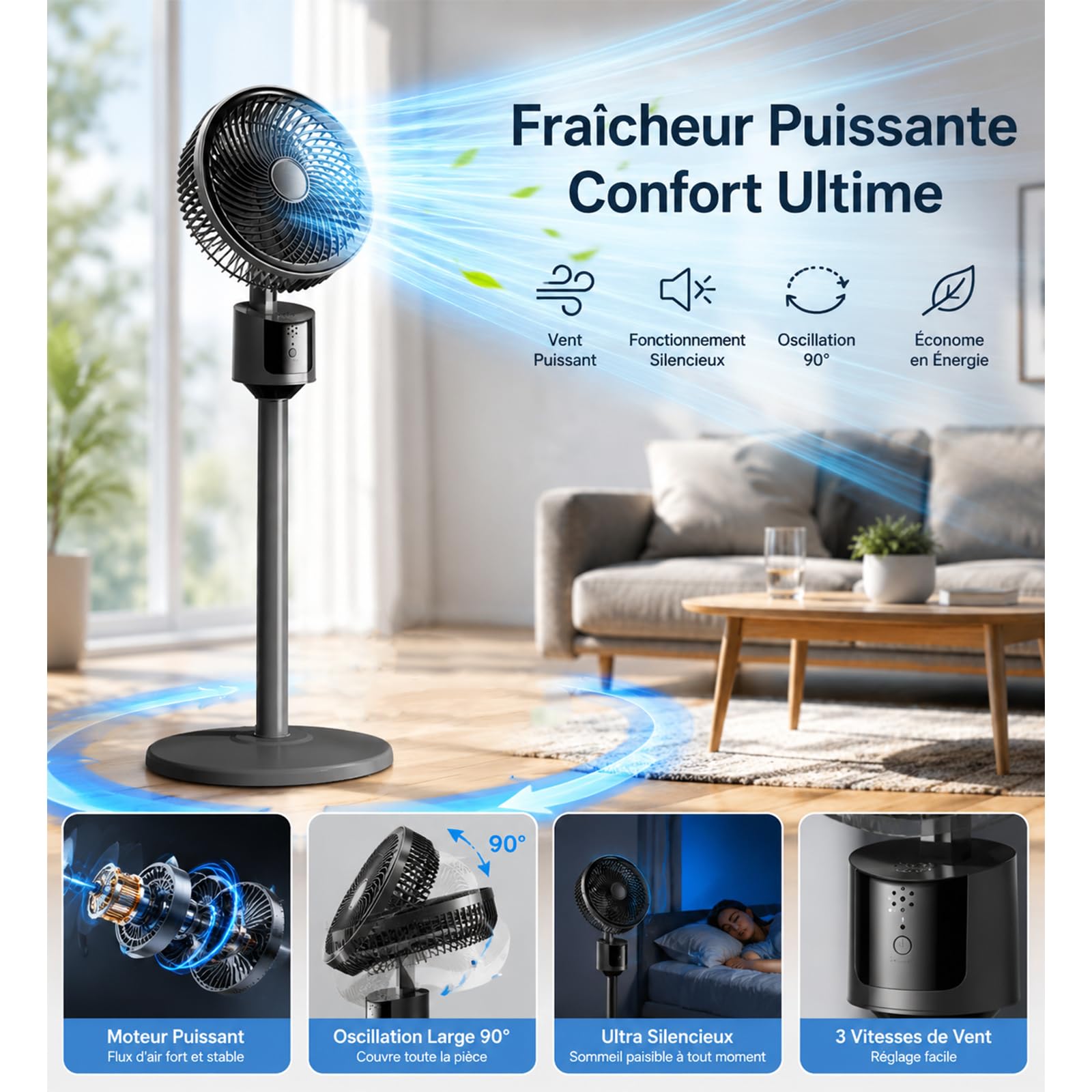 Ventilateur sur Pied Silencieux,Ventilateur USB Puissant 3 Vitesses,Hauteur et Inclinaison Réglables,Stable,Économique et Écologique,Idéal pour Maison,Bureau,Chambre et Extérieur (Gris Foncé)