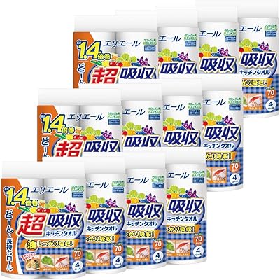 エリエール キッチンペーパー 超吸収 キッチンタオル 70カット×48ロール(4ロール×12パック) パルプ100% 1.4倍巻き 【ケース販売】