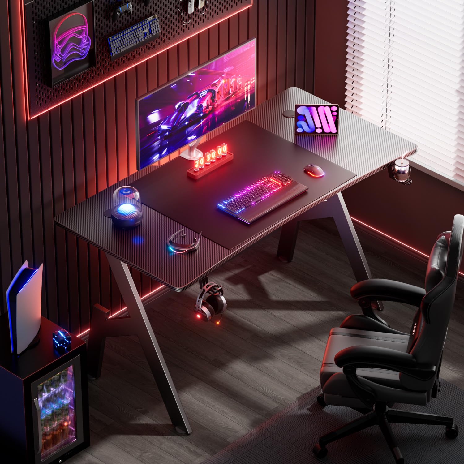 HLFURNIEU 120 x 60 cm Bureau Gaming, Bureau Gamer Informatique Ergonomique, Table Gaming en Fibre de Carbone, Gamer Desk avec Porte Gobelet et Crochet pour Casque, Noir