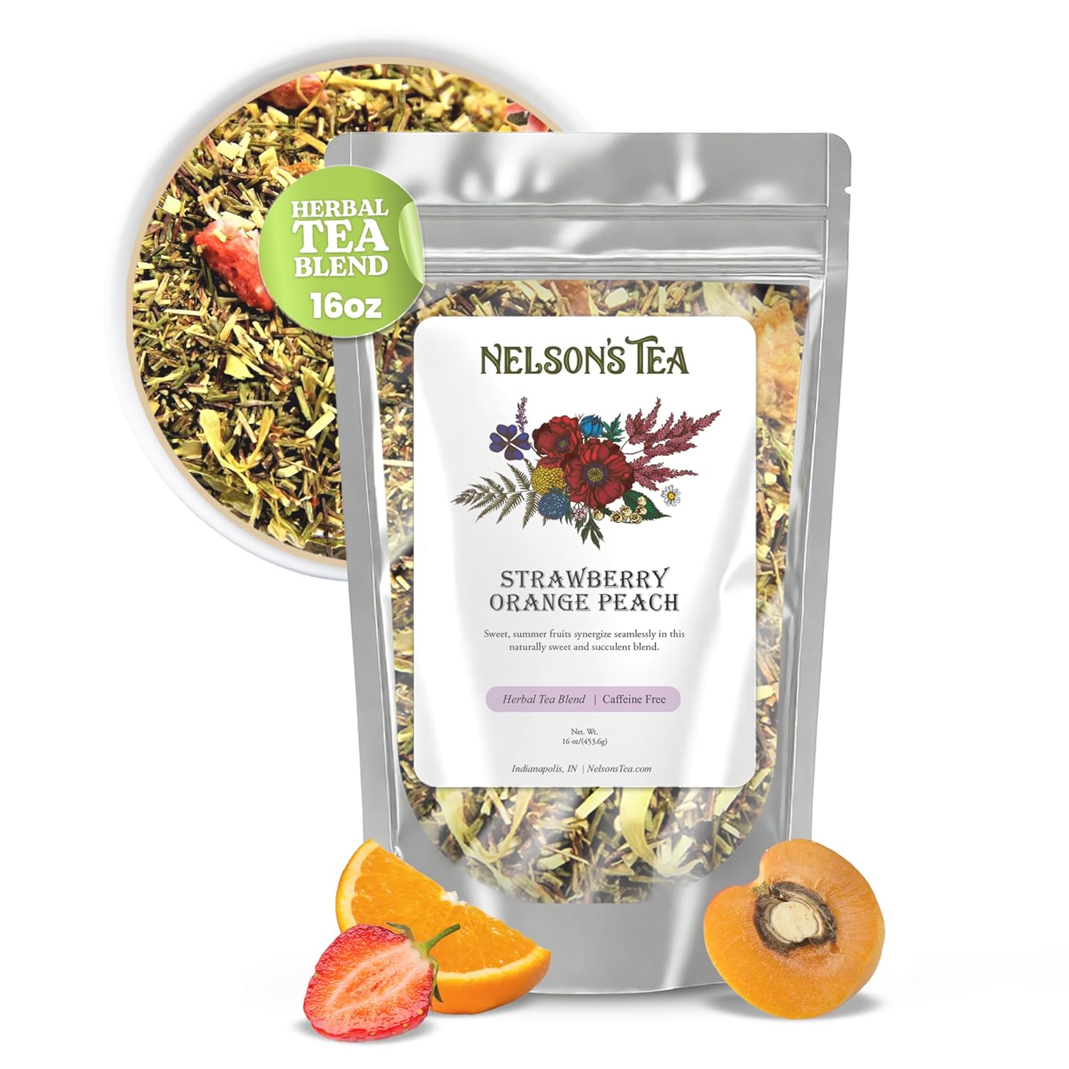Nelson's Tea Strawberry Orange Peach - Caffeine Free Herbal Rooibos Loose Leaf Tea - Irresistable Blend of Green Rooibos, Orange Peel, Marigold and Strawberries - Fruit Loose Leaf (16 oz)