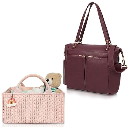 MOMINSIDE Diaper Bag Tote, Leather Diaper Bag Backpack, Diaper Caddy Organizer, Convertible Baby Bag for Boys Girls, Baby Registry, Changing Pad, 4 Large Insulated Pockets