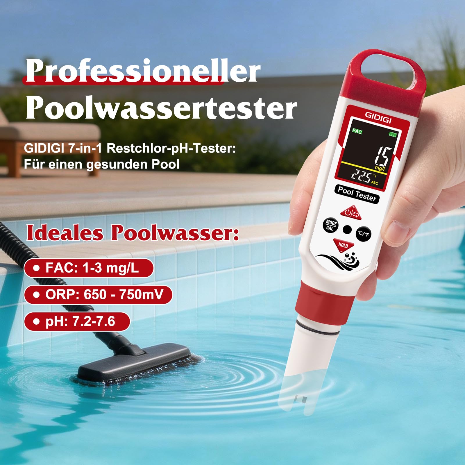 7-in-1 Poolwasser Tester für freies Chlor (FAC), pH Wert, Redoxpotenzial (ORP), Salzgehalt, EC, Gesamtfeststoffgehalt (TDS) Digitaler Chlortester für Salzwasserpools, Whirlpools, Hydrokulturen