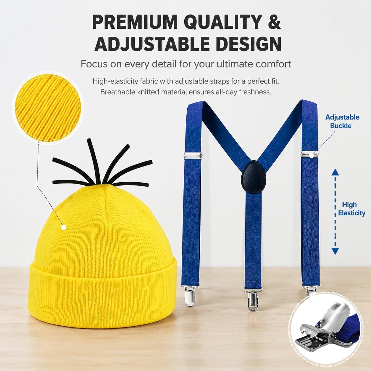 ZIW 6 Pcs Kids Halloween Costume Accessories Set Funny Accessory Kit for Boys Girls with Beanie Goggles Gloves Blue Suspenders Buttons Banana Keychain Dress Up Props ZW282