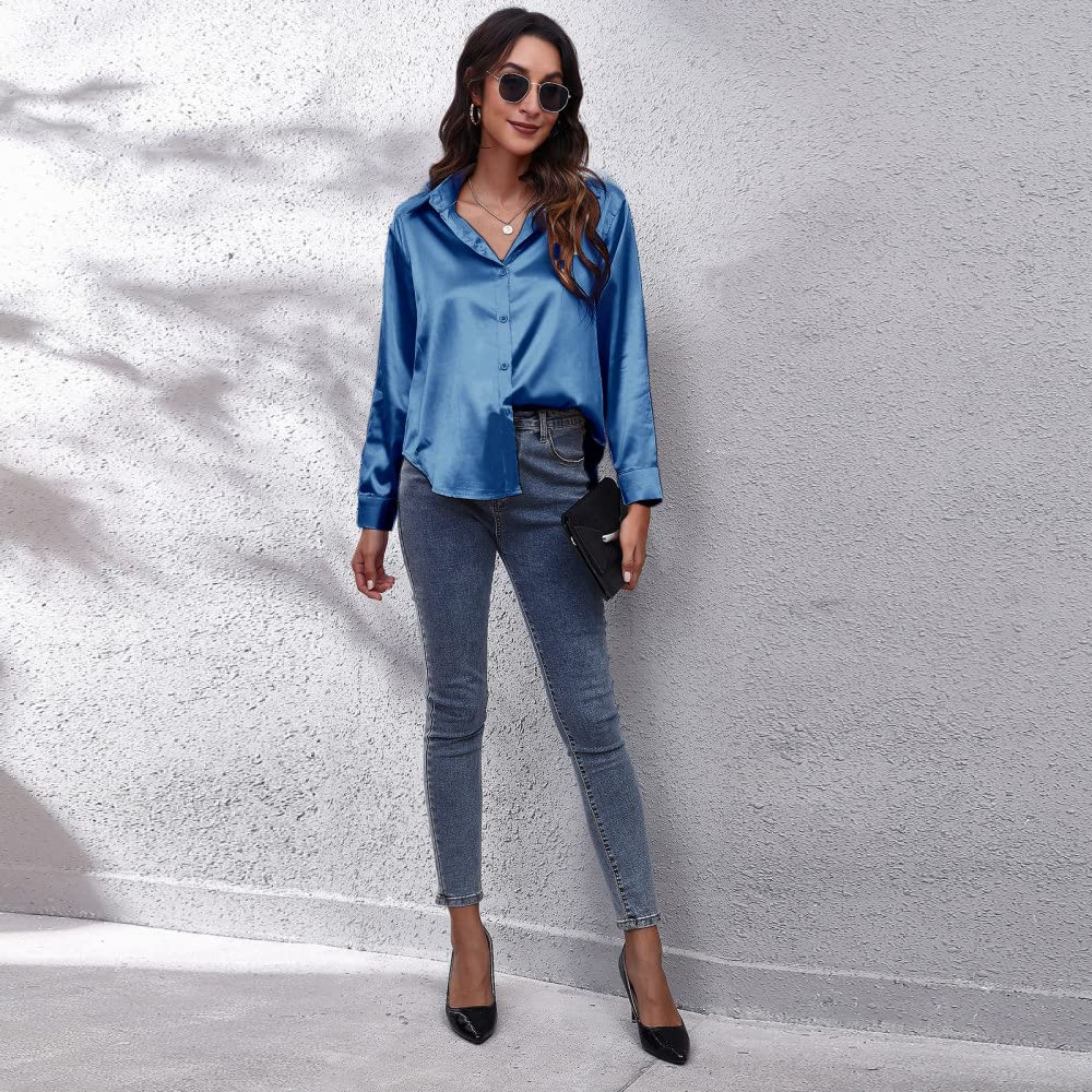 Camisa Básica con Botones,Blusa De Satén para Mujer, Camisa Azul De Manga Larga, Camisas De Seda De Moda Vintage, Camisa De Negocios con Botón, Blusas De Fiesta Sexy, Blusa De Oficina De Trabajo Inf