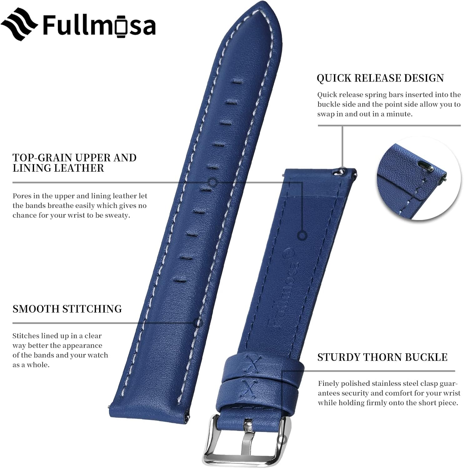 Miniatura 5 de Fullmosa Genuine Leather 14mm 16mm 18mm 19mm 20mm 22mm and 24mm Watch Bands, Quick Release Watch Band for Men and Women, Fits Samsung Galaxy Watch