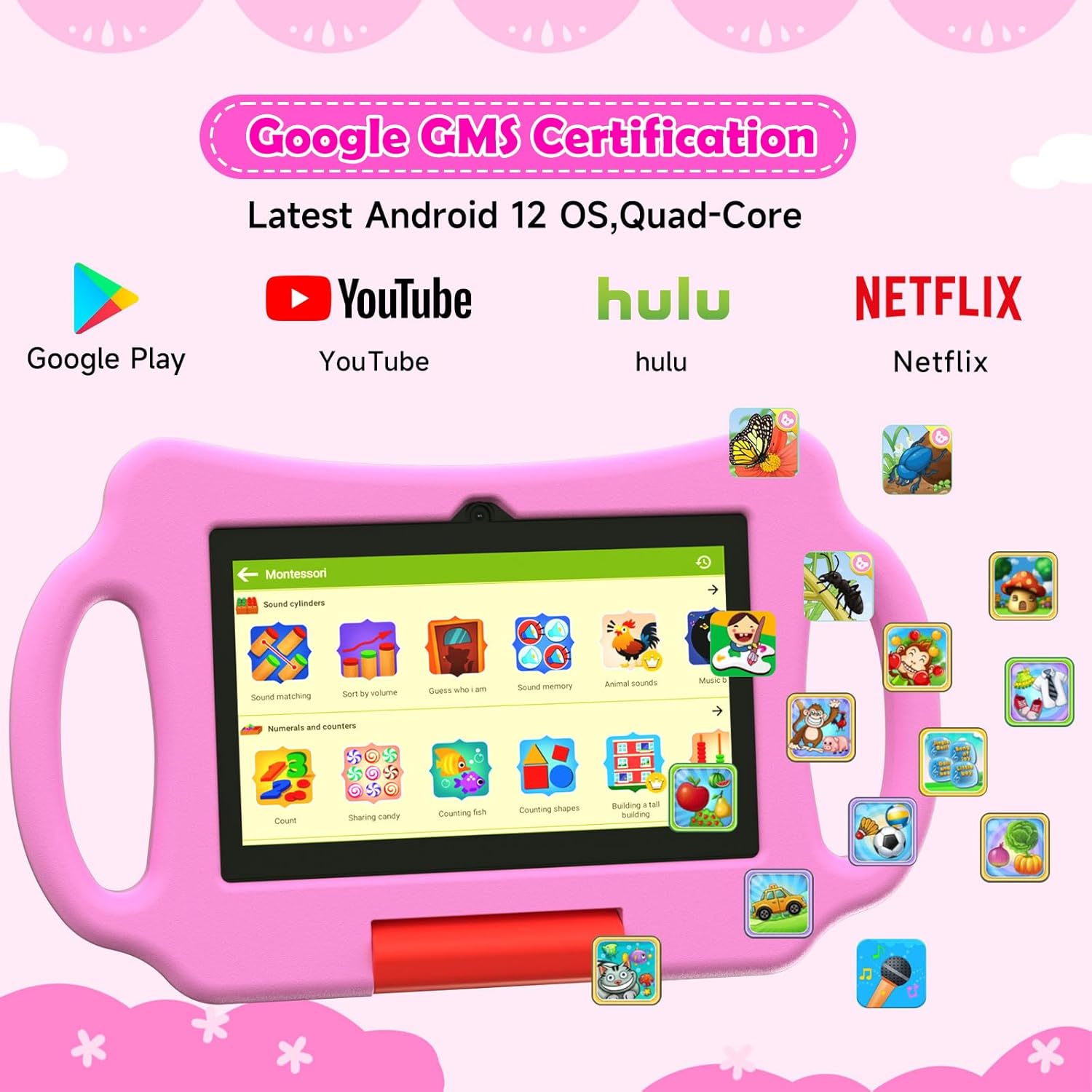 Kids Tablet 7 inch Android 12.0 for Toddler, 4GB RAM 32GB ROM Bluetooth IPS Screen Parental Control Dual Camera Shockproof Case for Educational Games (Pink)