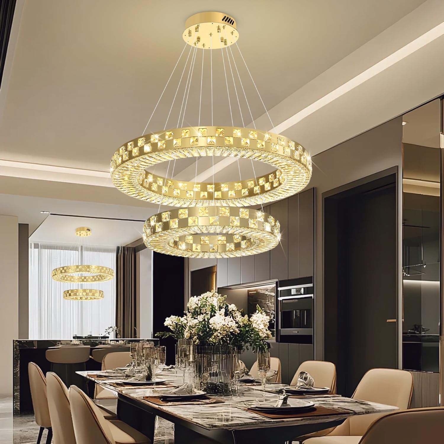 Flashing God Modern LED Chandelier 2 Ring Chandeliers Crystal Chandelier for Living Room Foyer Stairwell Lighting High Ceiling Light Dimmable 2700K-6000K