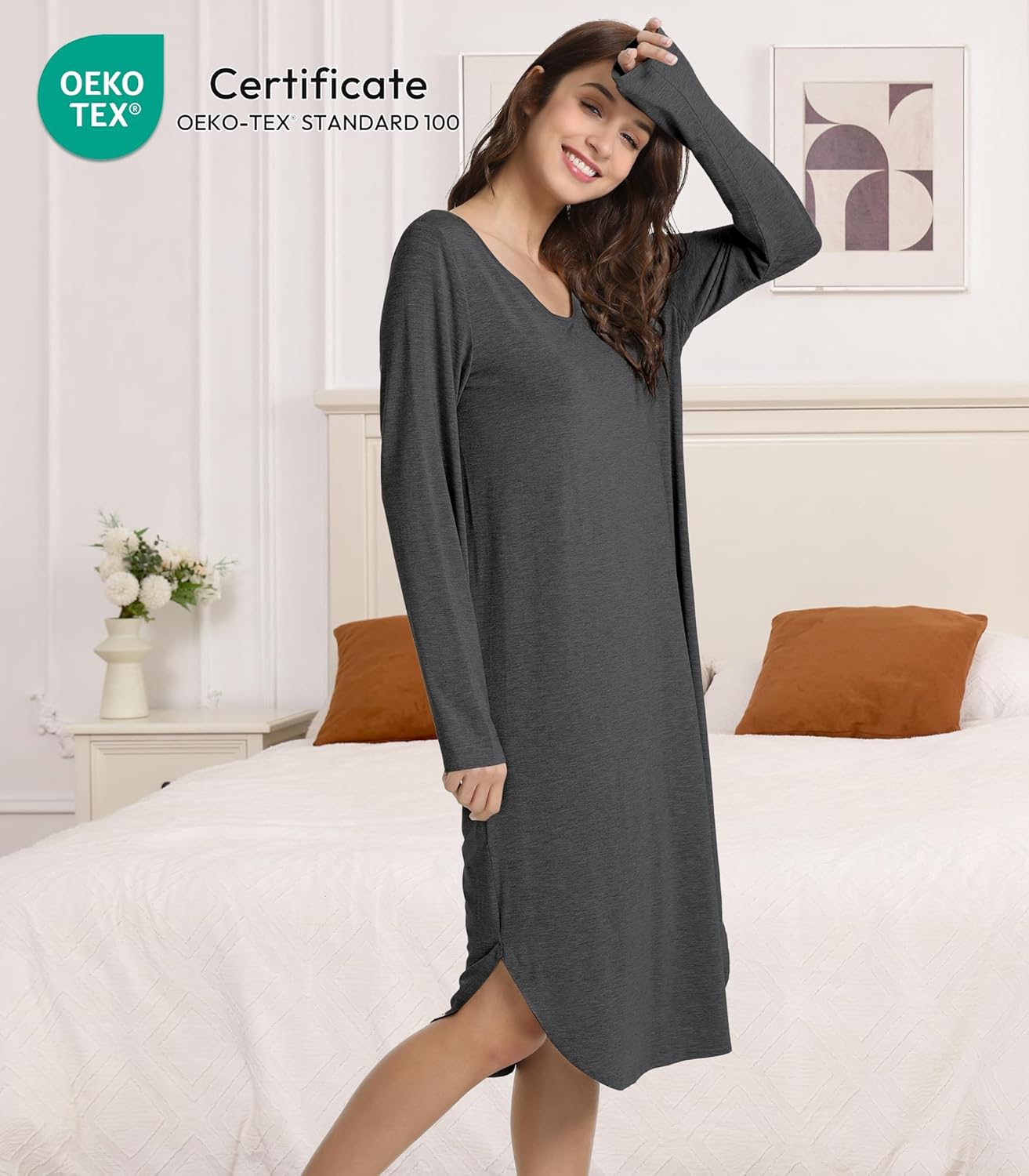 NACHILA 女性用ナイトガウン-ビスコース竹製、長袖スリープシャツソフトナイトシャツVネックスリープドレス