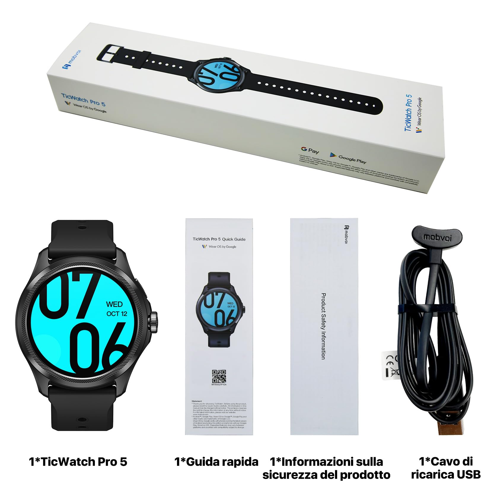 Ticwatch Pro 5 Smartwatch Android per uomo Snapdragon W5+ Gen 1 Wear OS Fino a 80 ore di durata della batteria Tracking salute fitness integrato GPS NFC Resistenza all'acqua Non Compatibile con iPhone