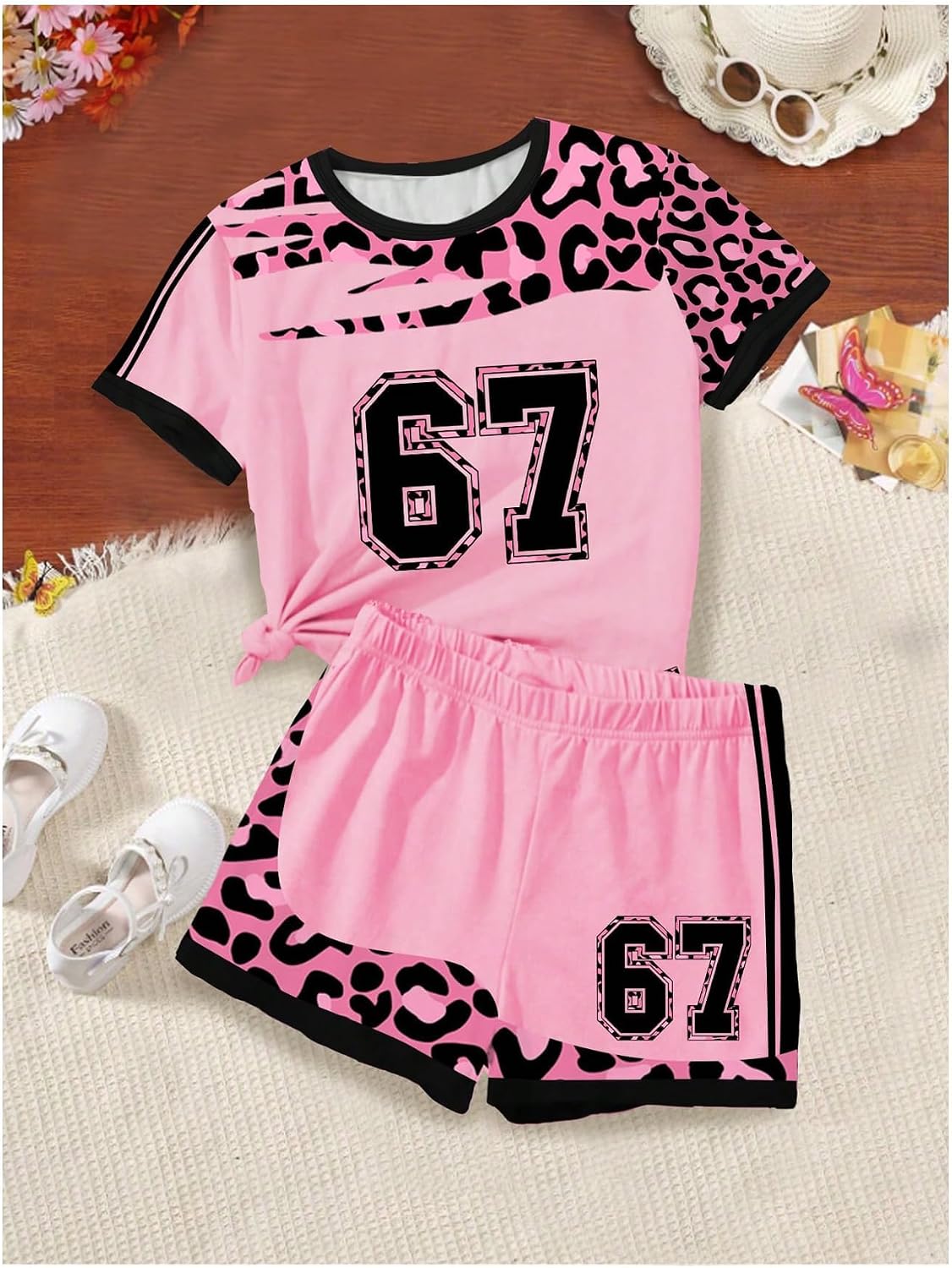 Floerns Girl's Two Piece Outfit Number Jersey T Shirt and Cheetah Print Track Shorts Set