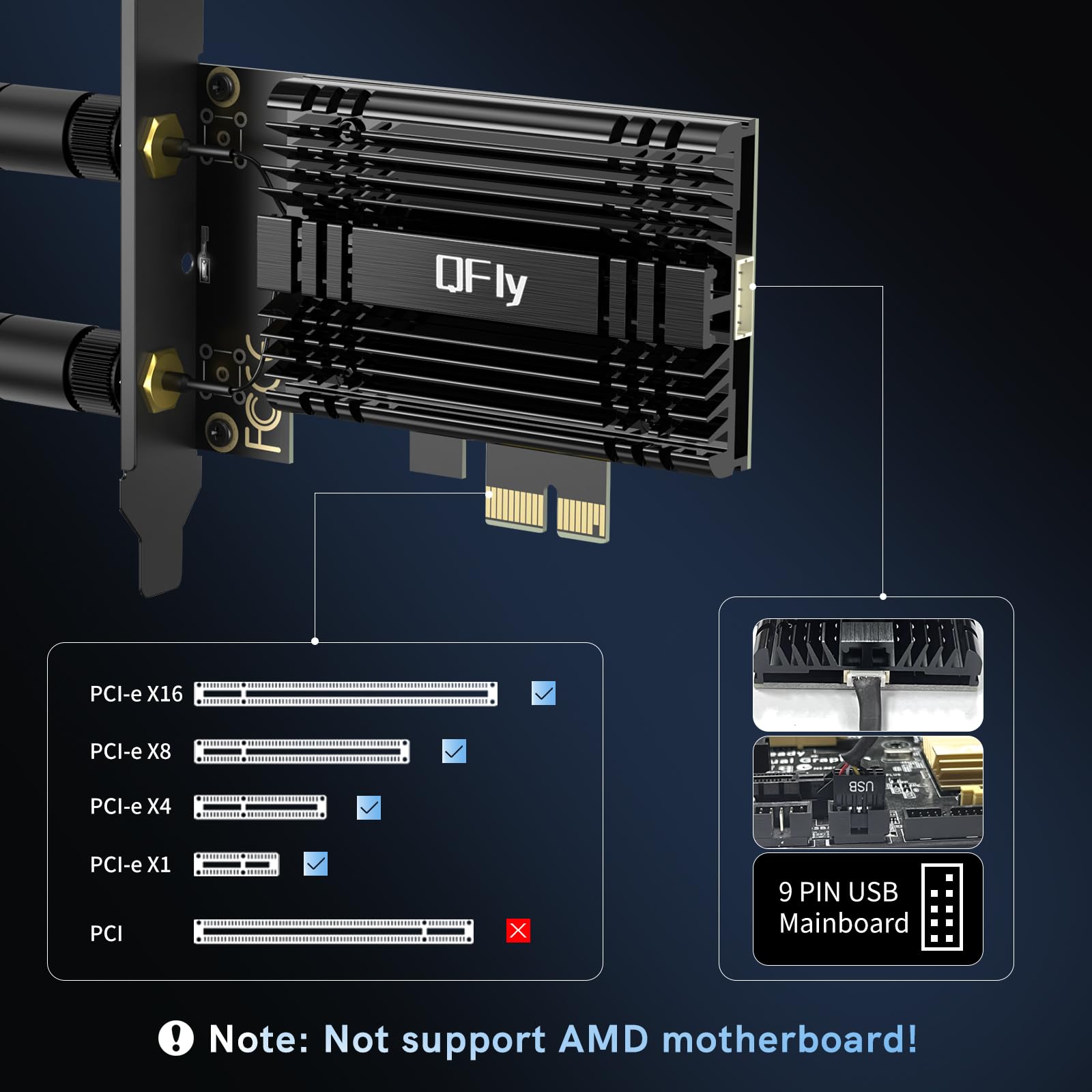 Scheda di rete WiFi 7 8774 Mbps QFly PCIe WiFi con Bluetooth 5.4, chipset BE200, adattatore di rete wireless a tre bande (6 GHz/5 GHz/2,4 GHz) per PC, supporta Win11 (64 bit), supporta solo CPU Intel