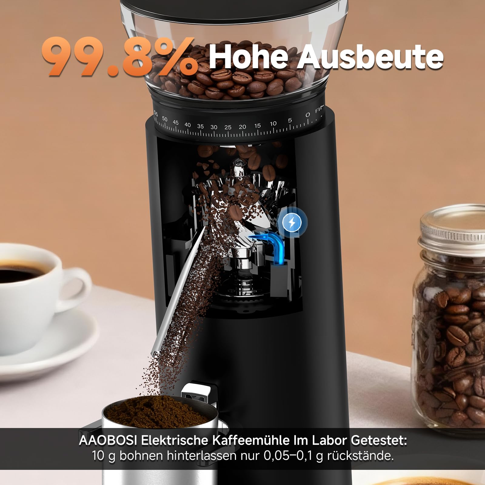 AAOBOSI Kaffeemühle Elektrisch, Kabellose Kaffeemühle Siebträger mit 60 Mahlgrad Einstellbar, Kaffeemühle Kegelmahlwerk Tragbar Wiederaufladbar für Espresso/Mocca/Drip/Pour Over/Cold Brew/French Press