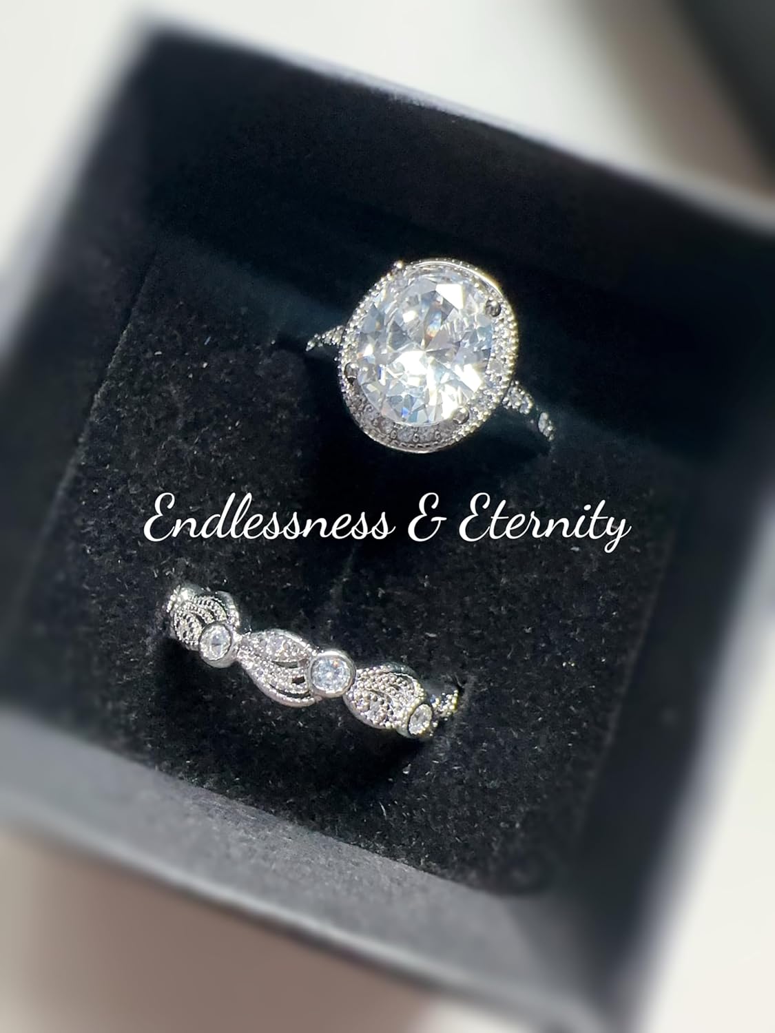 ENDLESSNESS & ETERNITY 2 Bridal Set Wedding Band Ring Vintage leaf & Vine Halo Oval Cut CZs Half Eternity Band Ring 14K Gold Plated Engagement Bridal Ring Statement Ring