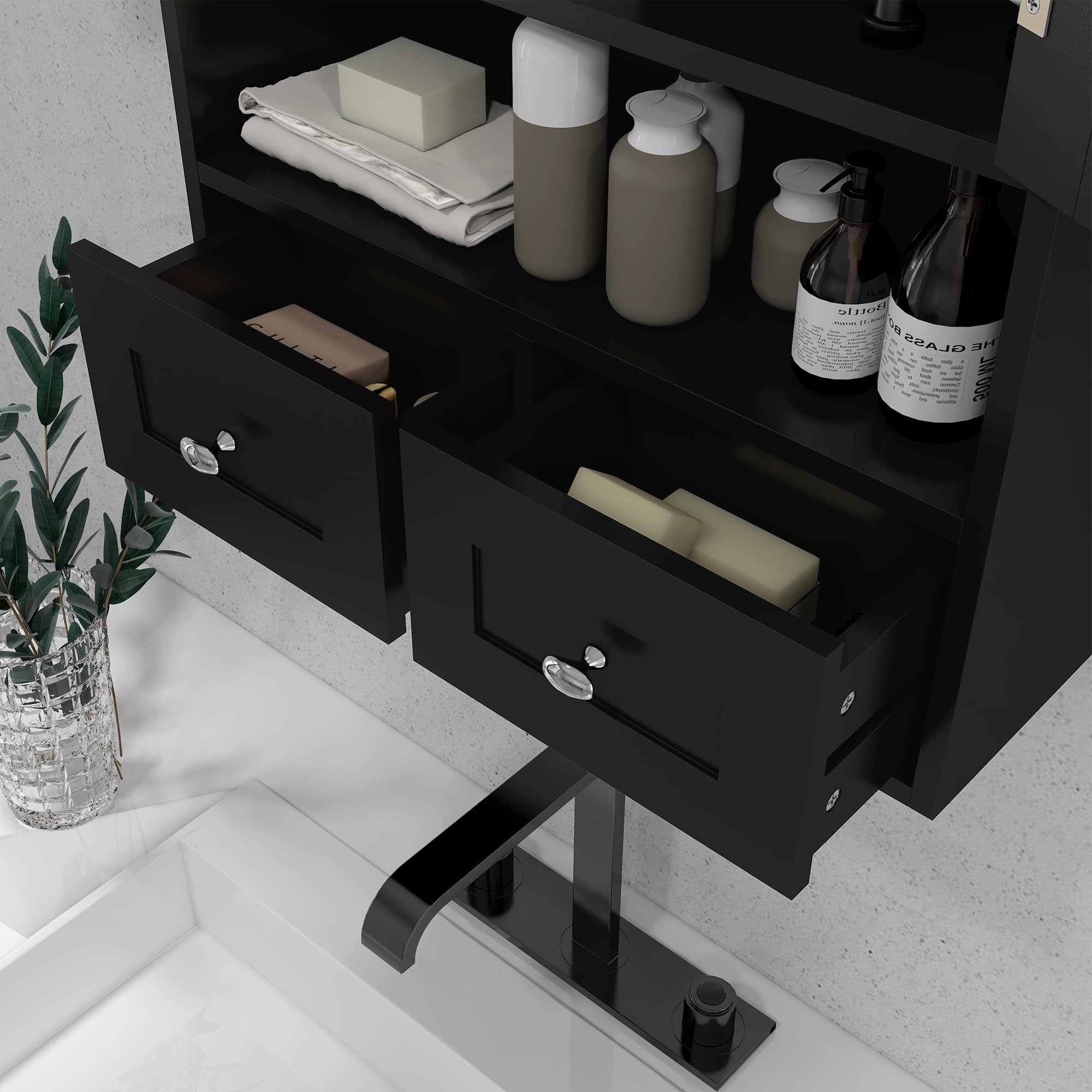 kleankin Armario de Baño de Pared, Armario Colgante, Mueble Suspendido de Baño, 2 Puertas con Cierre Magnético, 2 Cajones y Estante Abierto, para Cocina, Lavadero, 50,8x17,8x66 cm, Negro