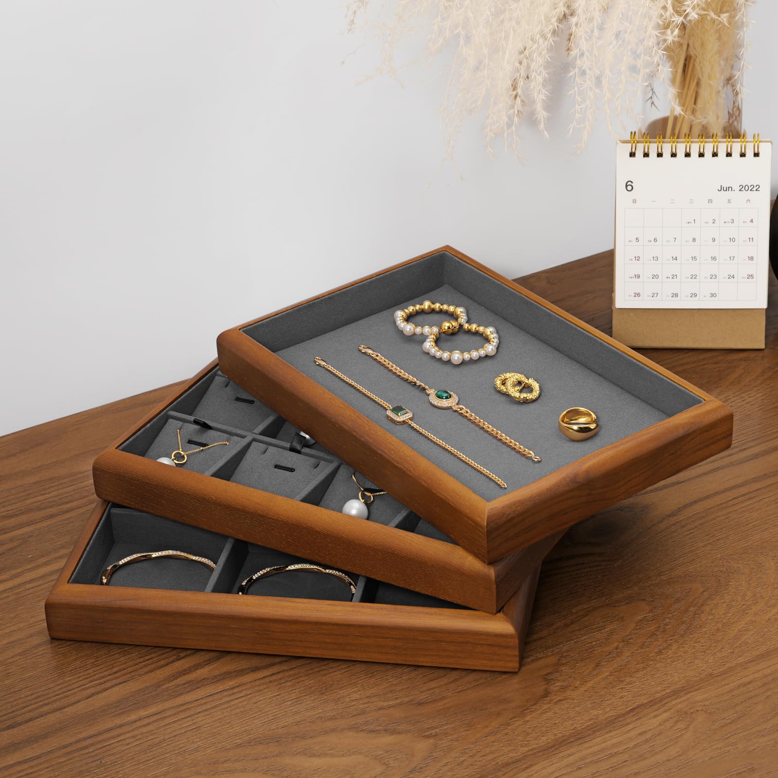 Oirlv Plateaux à Bijoux en Bois Massif,Empilables,Organiseur de Bijoux,Présentoirs Bijoux(Gris foncé)
