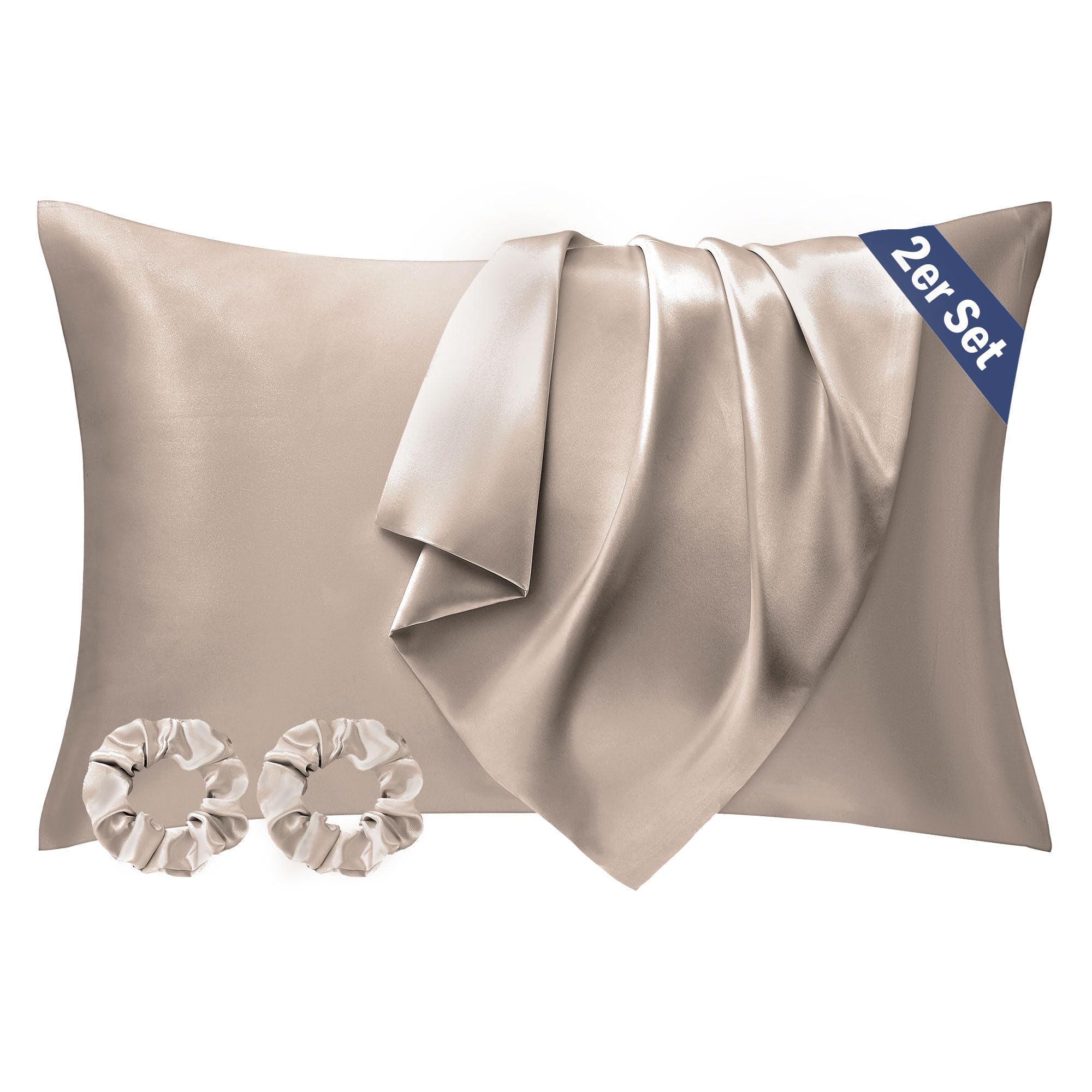 Seiwohl Pack 2 Funda de Almohada Saten 70x40 Topo, Suave como la Seda, Protección para el Cabello y la Piel, Incluye 2 Elásticos para el Cabello OEKO-TEX STANDARD 100