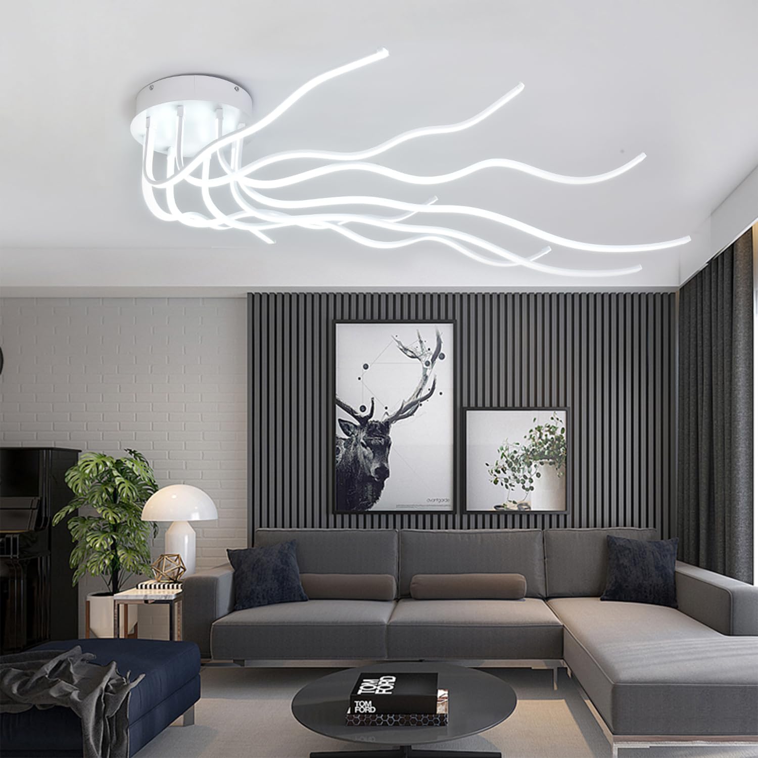 Plafonnier LED Dimmable avec Télécommande Lustre Luminaire Plafonnier Salon 3000K-6500K, Lampe de Plafond LED Moderne Dimmable 8 Lights