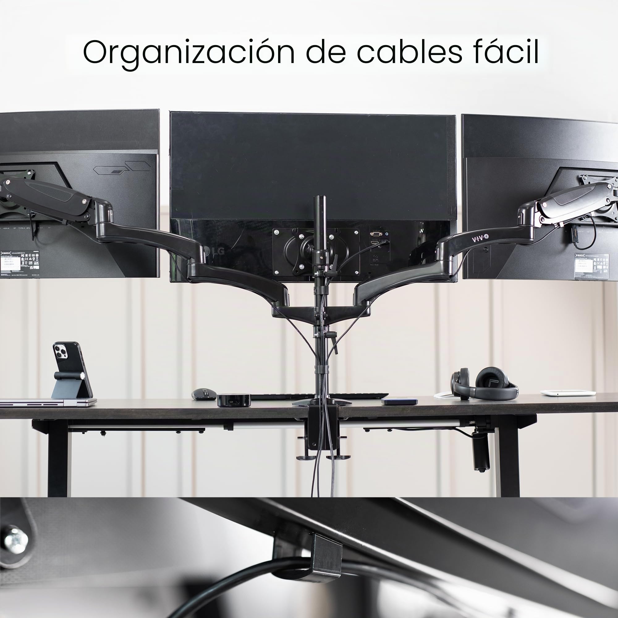 Vivo Soporte neumático Triple para Monitor para 3 Pantallas de hasta 32 Pulgadas, Totalmente Ajustable, Soporte de Escritorio Resistente con Ojal de Abrazadera en C, Negro, STAND-V300G