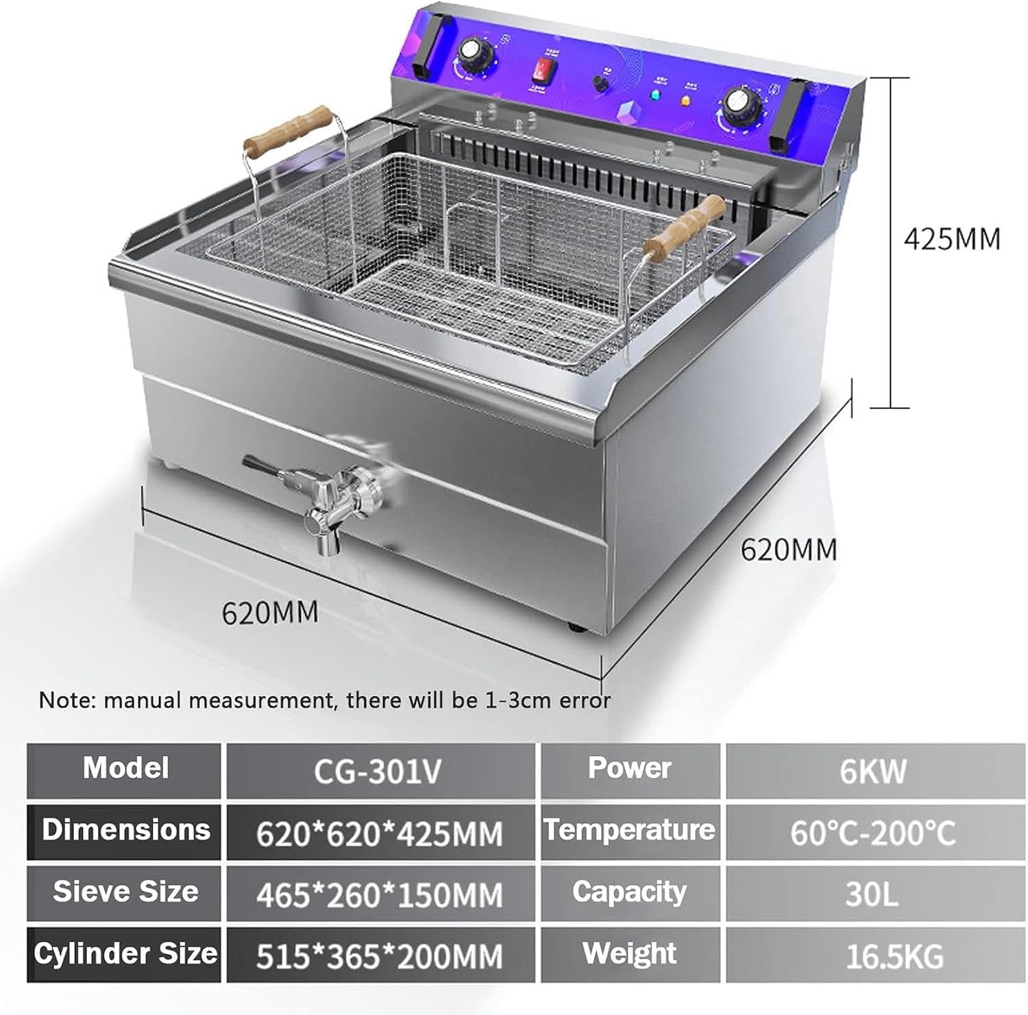Deep Fat Fryer, Chip Electric Pan with Oil Basketes, Large Electric Fryer for Home and Commercial Stainless Single Cylinder 110-220V, Fryer for French Fries Chicken Shrimp, Easy Clean,13L