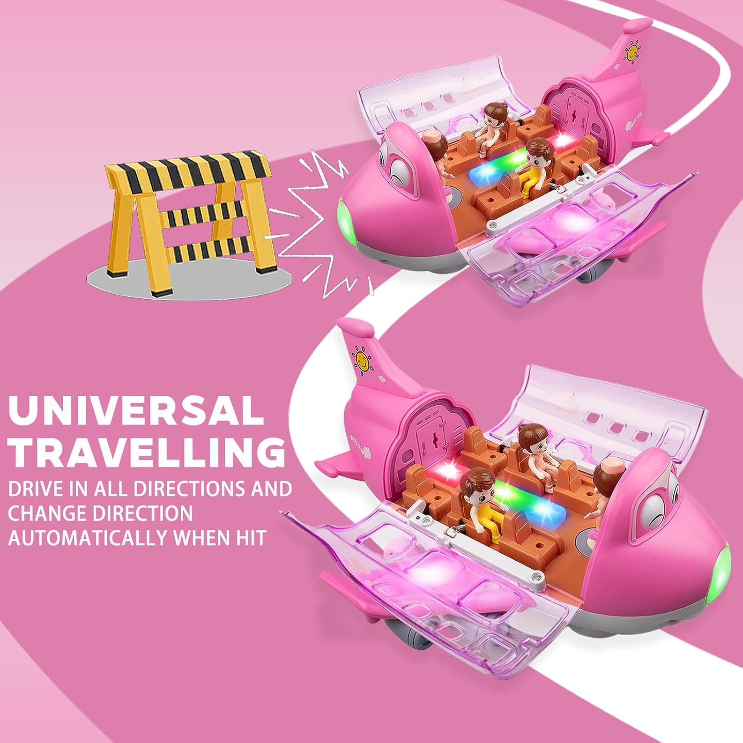 Pink Airplane for Toddler 1-3-5, Bump and Go Action Toy Airplane with LED Flashing Lights & Sounds, Birthday Gifts for Boys Girls Ages 4-8 Year Olds (Pink)