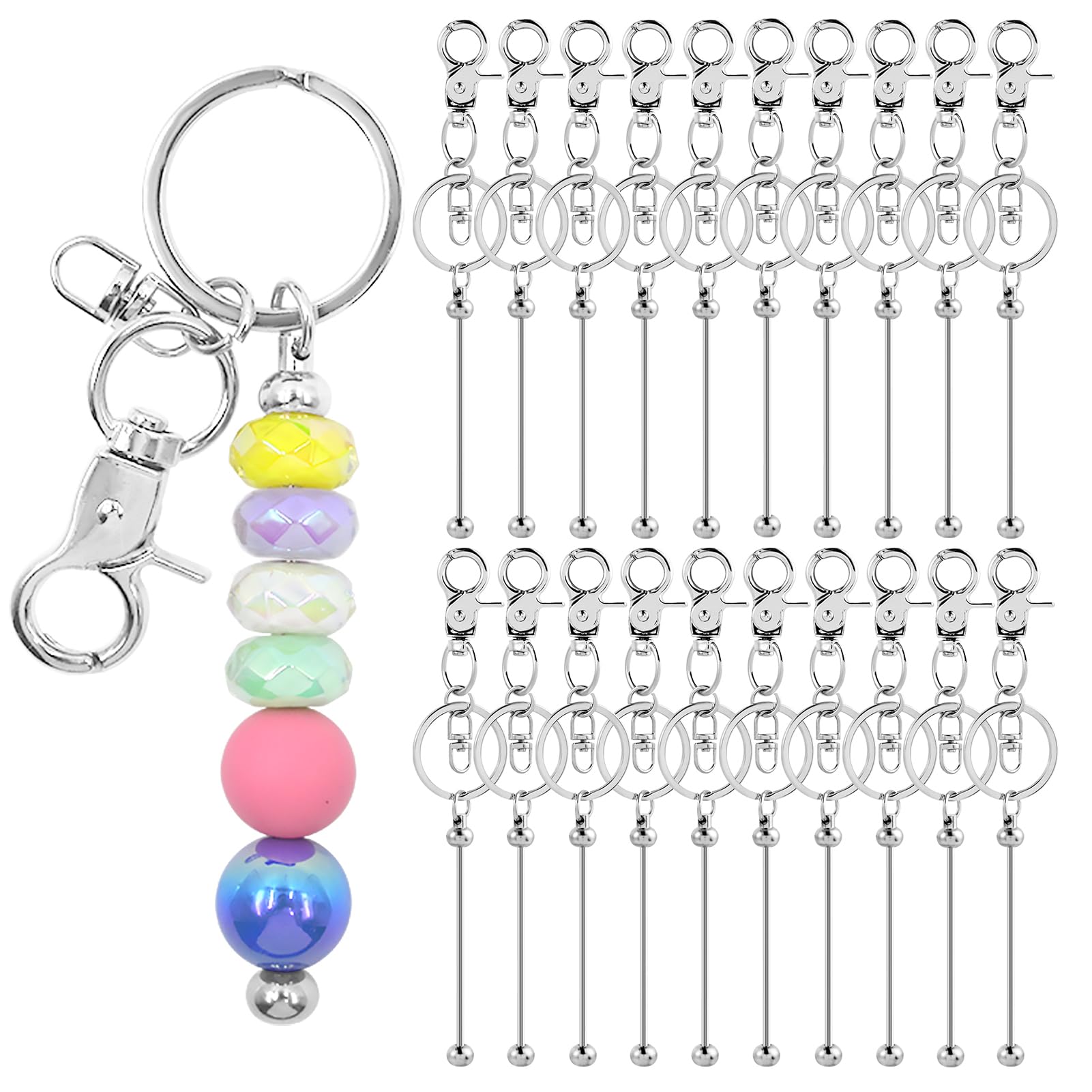 DNLEGULI 40 Pcs Beadable Keychains Bulk Kit – DIY Keychain Making Supplies with Metal Blanks for Crafts, Jewelry, Charms, Custom Projects – Blank Chain Bars for Beaded Keychain Design (Silver)