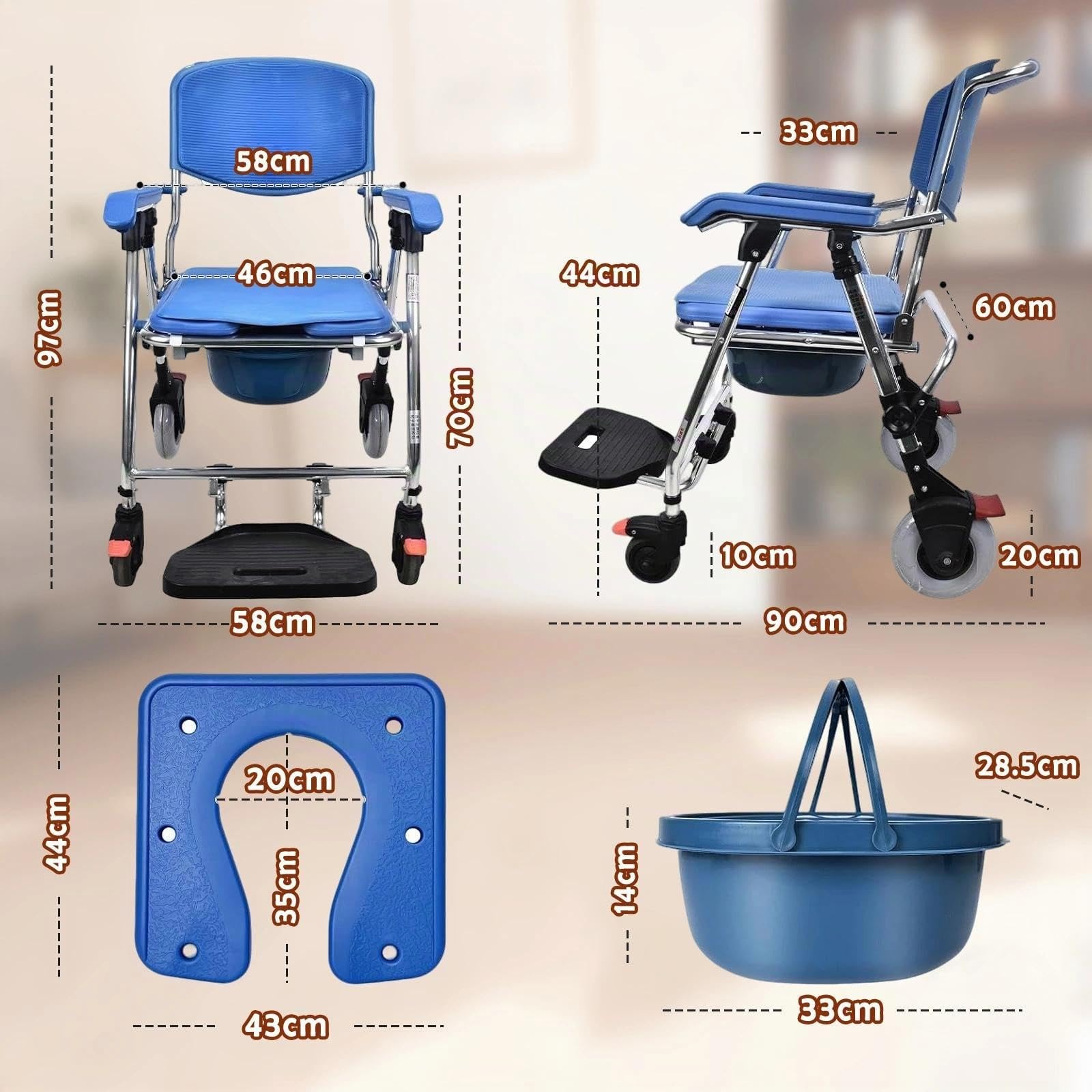 Silla Ducha WC con Ruedas Plegable, 4 en 1 Silla para WC y Ducha para Enfermos, Ancianos, Discapacitados y Embarazadas, Silla para Ducha para Personas Mayores con Ruedas Soporta hasta 150 kg