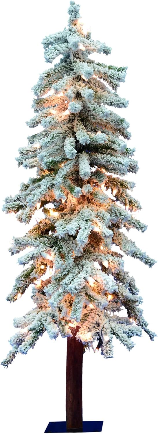 Vickerman 3' Flocked Alpine Artificial Christmas Tree, Warm White LED Dura-Lit Lights - Snow Covered Faux Tree - Seasonal Indoor Home Decor - Real Wood Trunk