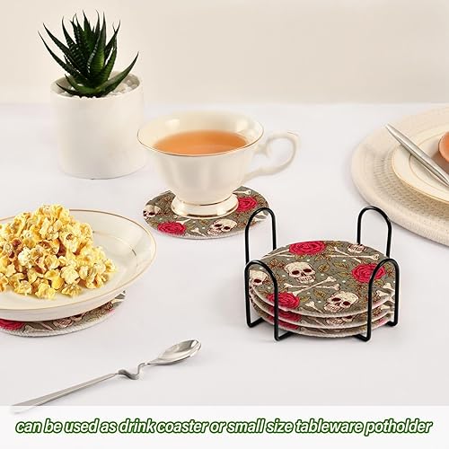 Miniatura 6 de Skull Roses Coasters for Drinks Set of 6 Absorbent Woven Drink Coaster Set for Apartment Home Desk Coffee Table Decor