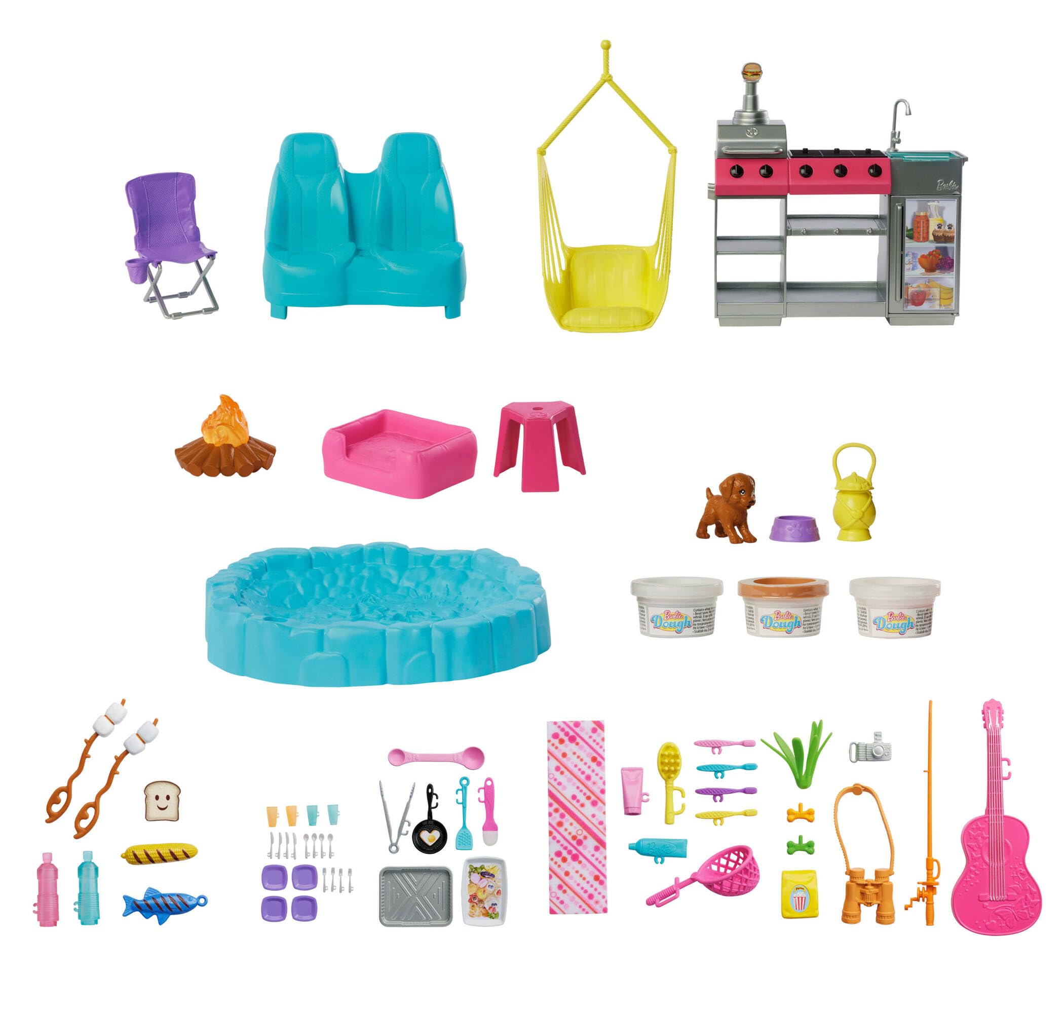 Barbie Súper Caravana DreamCamper Conjunto de juego con tienda de campaña en el techo, columpio, estanque de pesca, barbacoa con función de cambio de color y más de 60 accesorios, incluida masa, HRJ78