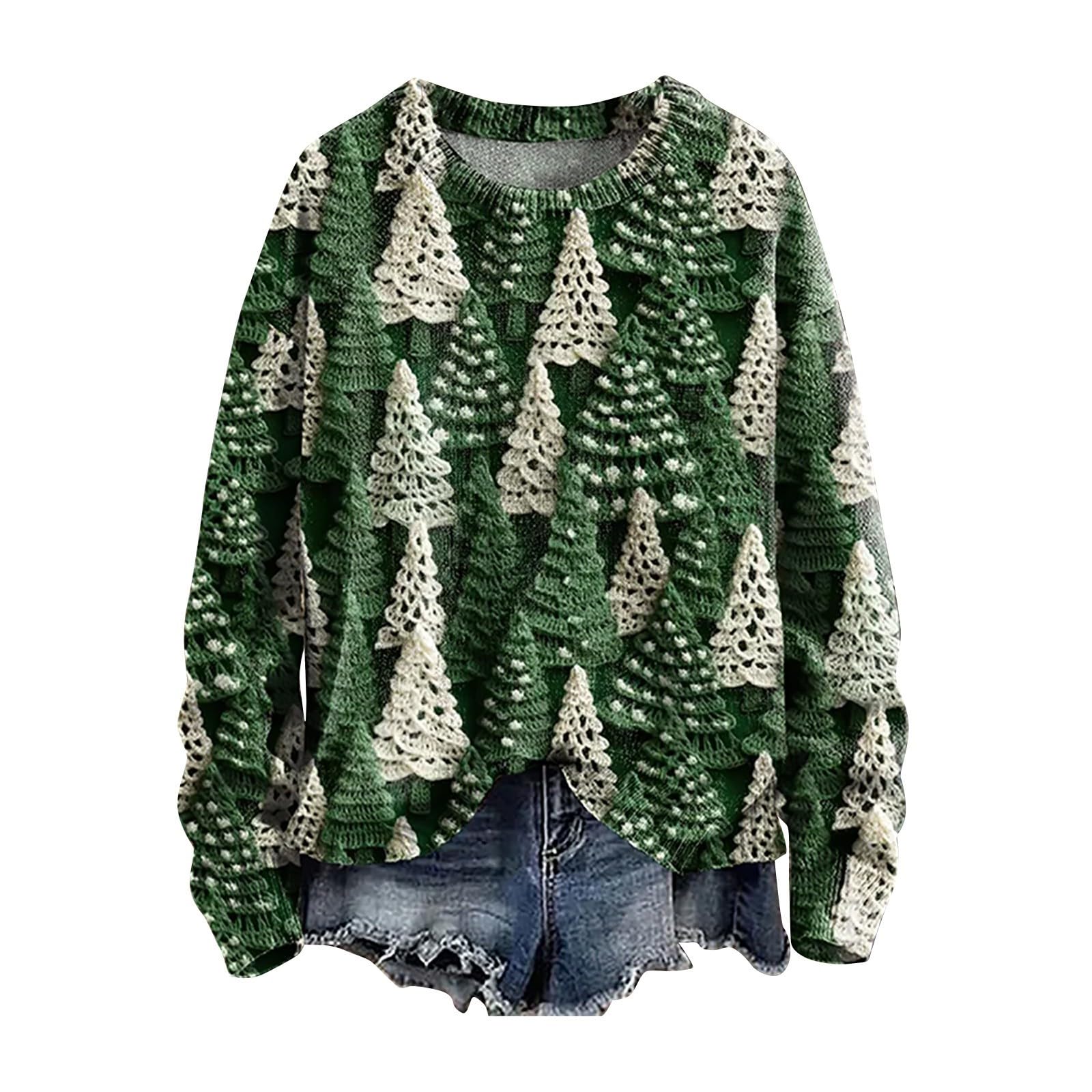 GOKKILRW Christmas Tree Sweater Women Ugly Holiday Lounge Pullover Tops Long Sleeve Fine Knitted Xmas Jumpers Trendy Clothes