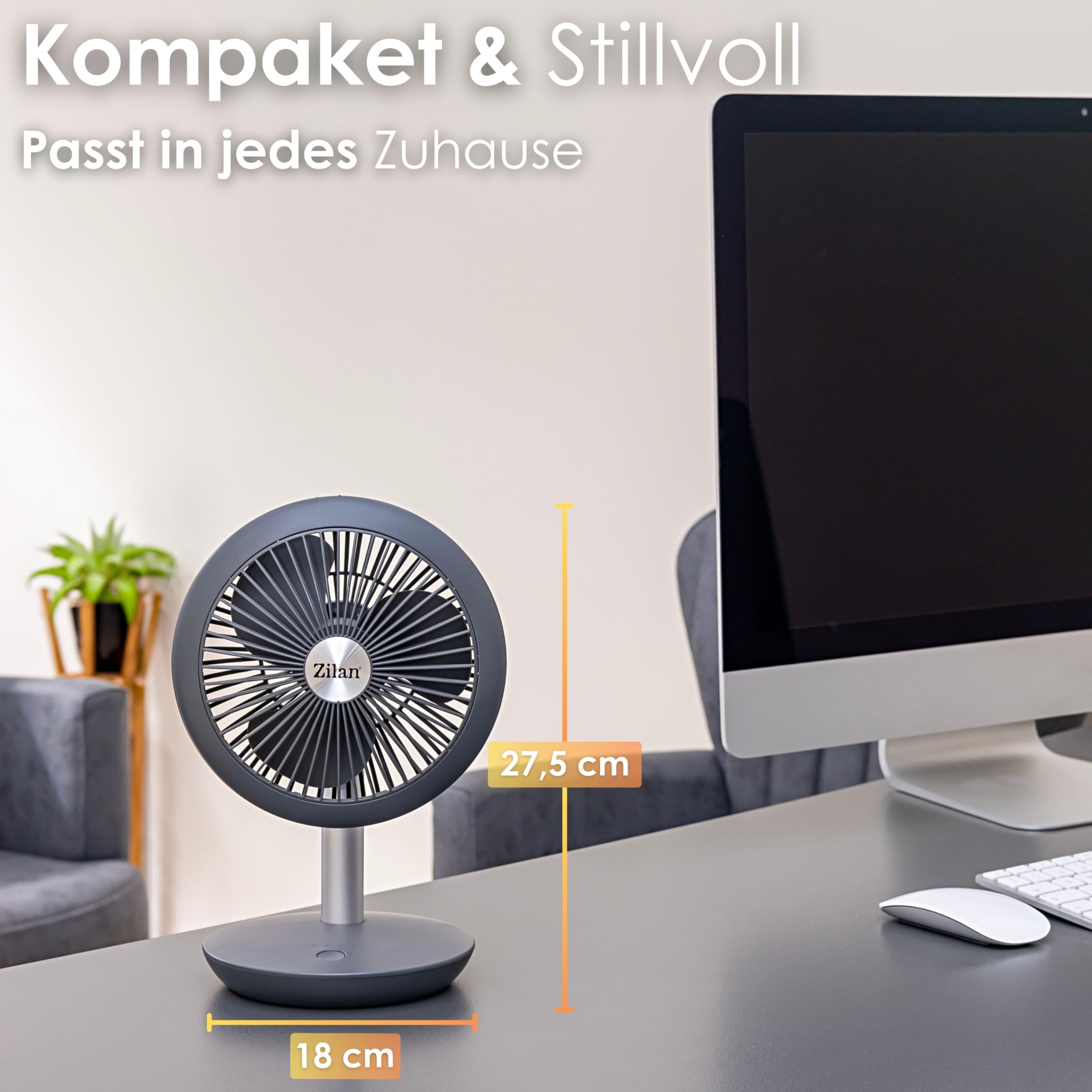 Zilan, Ventilatore da tavolo molto silenzioso, Batteria 4000 mAh | Ventilatore | inclinabile a 90° | Ventilatore da scrivania | Aeratore | Raffreddatore ad aria | 4 livelli, 15h senza fili