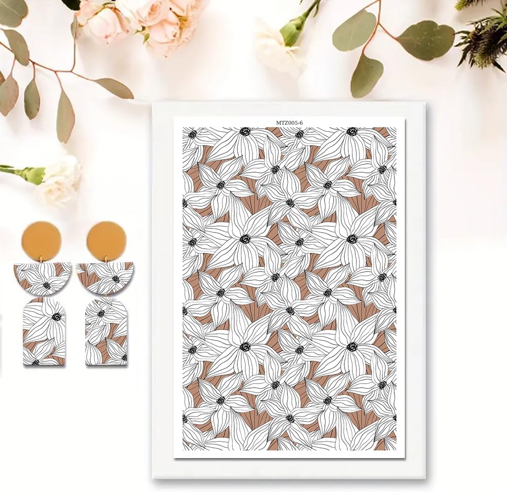Briartw 10 Sheets Polymer Clay Transfer Paper - Line - Drawn Flowers Pattern - Per Sheet 5.82 x 3.93 inch - Water-Soluble Transfer Sheets Disposable Stickers for DIY Clay Jewelry Earrings Making