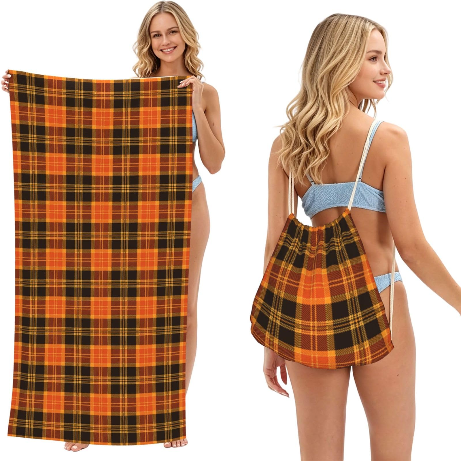 Poadnly As Picture Halloween Tartan Plaid, 2 In 1 Packable Towel Bag, Beach Towels With Drawstring Backpack For Travel Holiday Camping