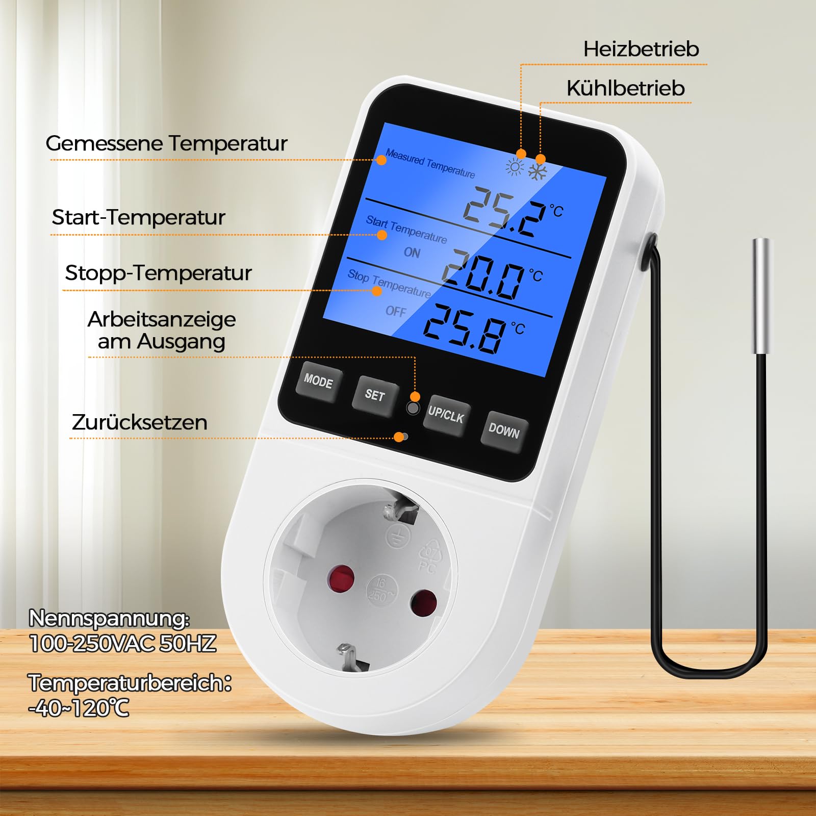 Prise de contrôle de la température de l'horloge, Thermostat numérique 230V, régulateur de température pour Le Chauffage, Le Refroidissement et la Ventilation